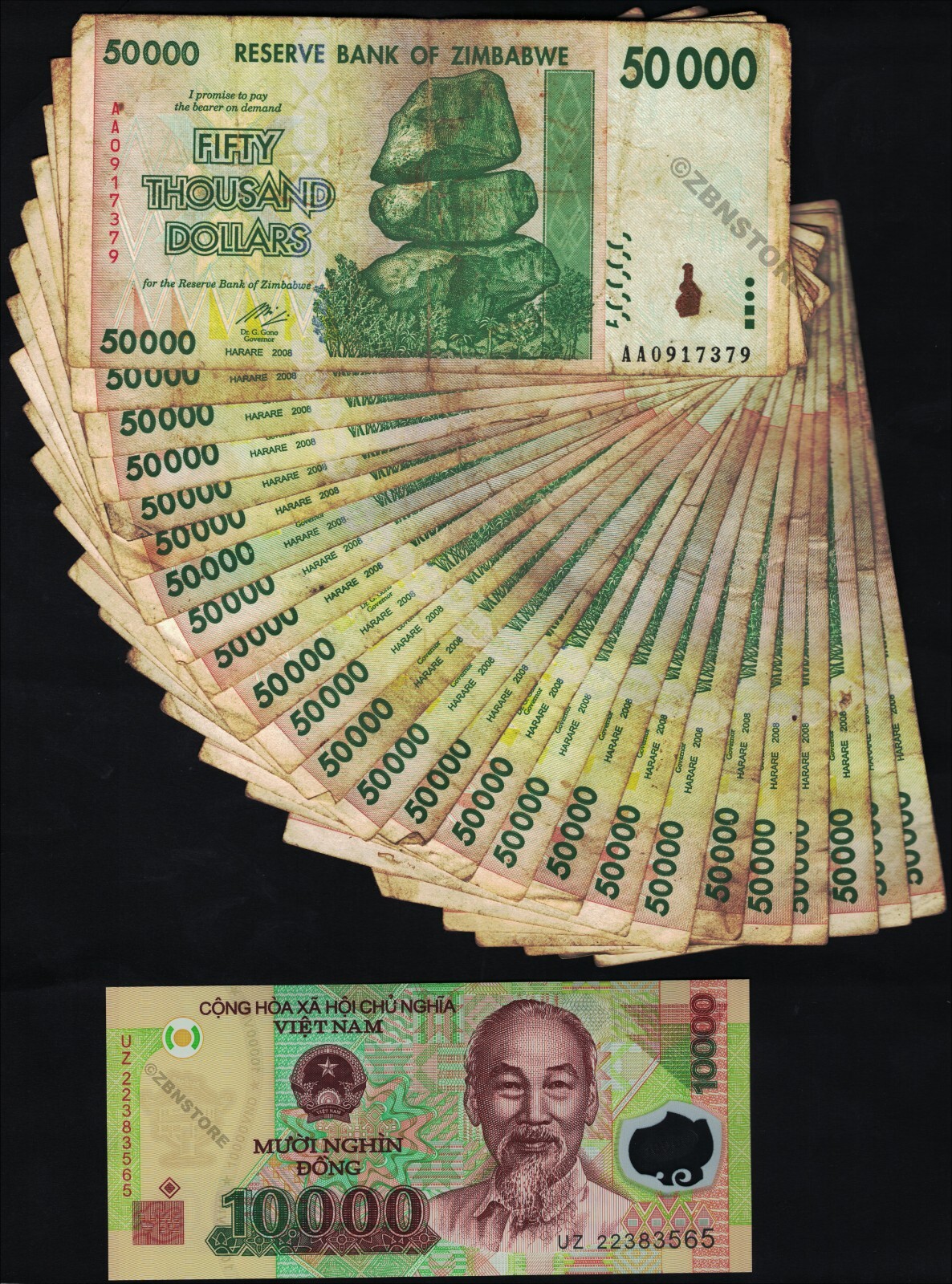 25 x 50,000 Dollars Zimbabwe Dollars Banknotes (2008) Lot + 10,000 Dong Vietnam