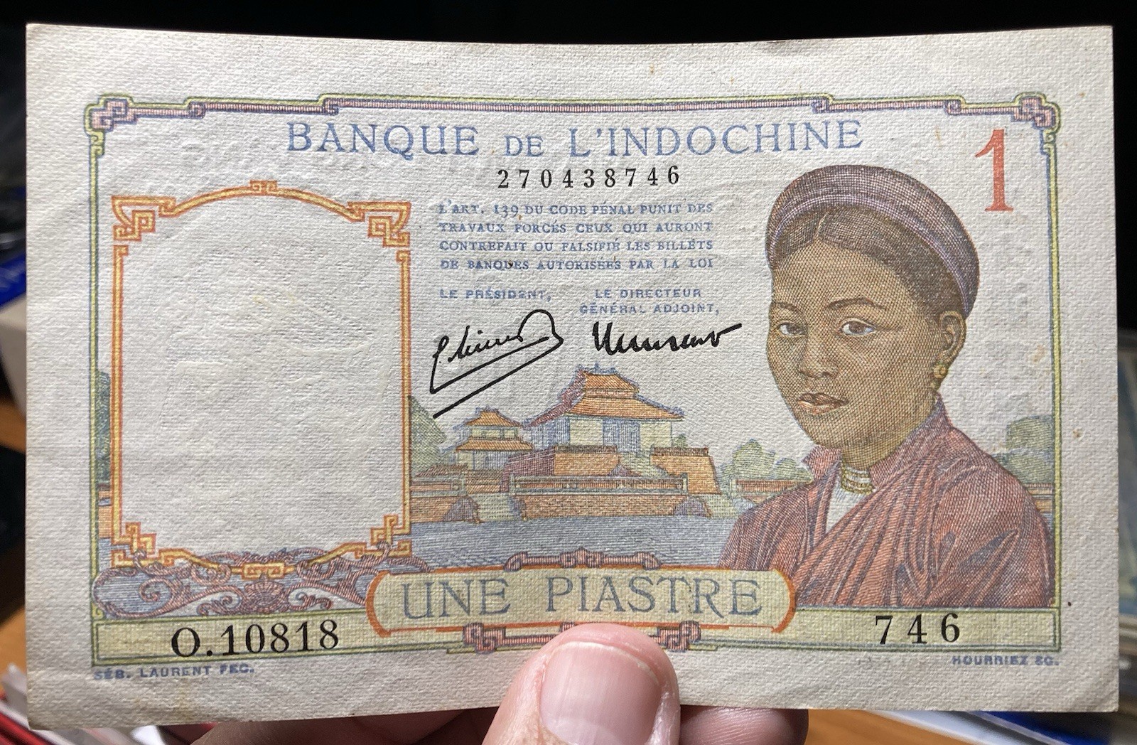 FRENCH INDOCHINE P-54c 1 Piastre 1946 Nice Grade