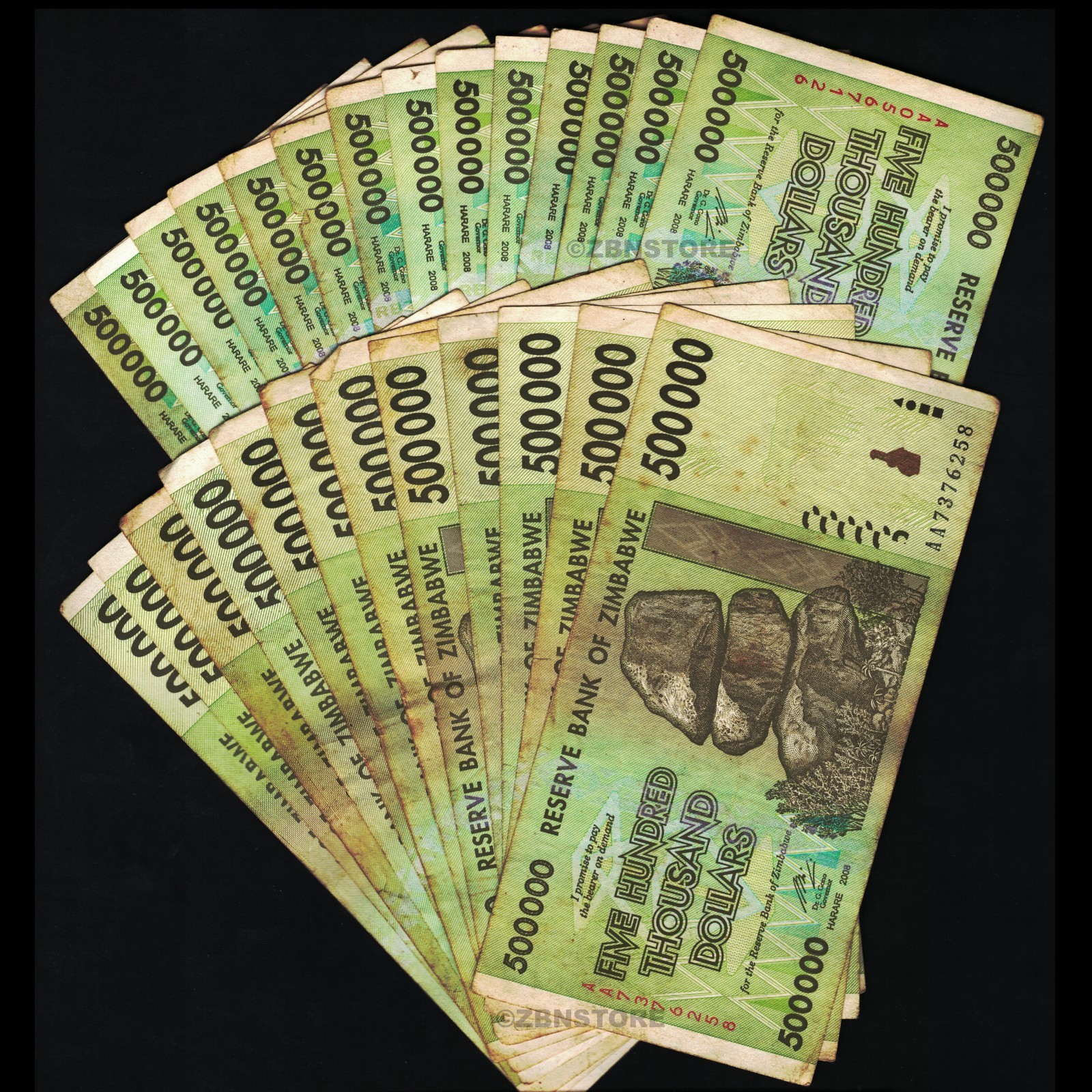 25 x 500,000 Dollars Zimbabwe 2008 Bundle + 10,000 Vietnam Dong VND Currency COA