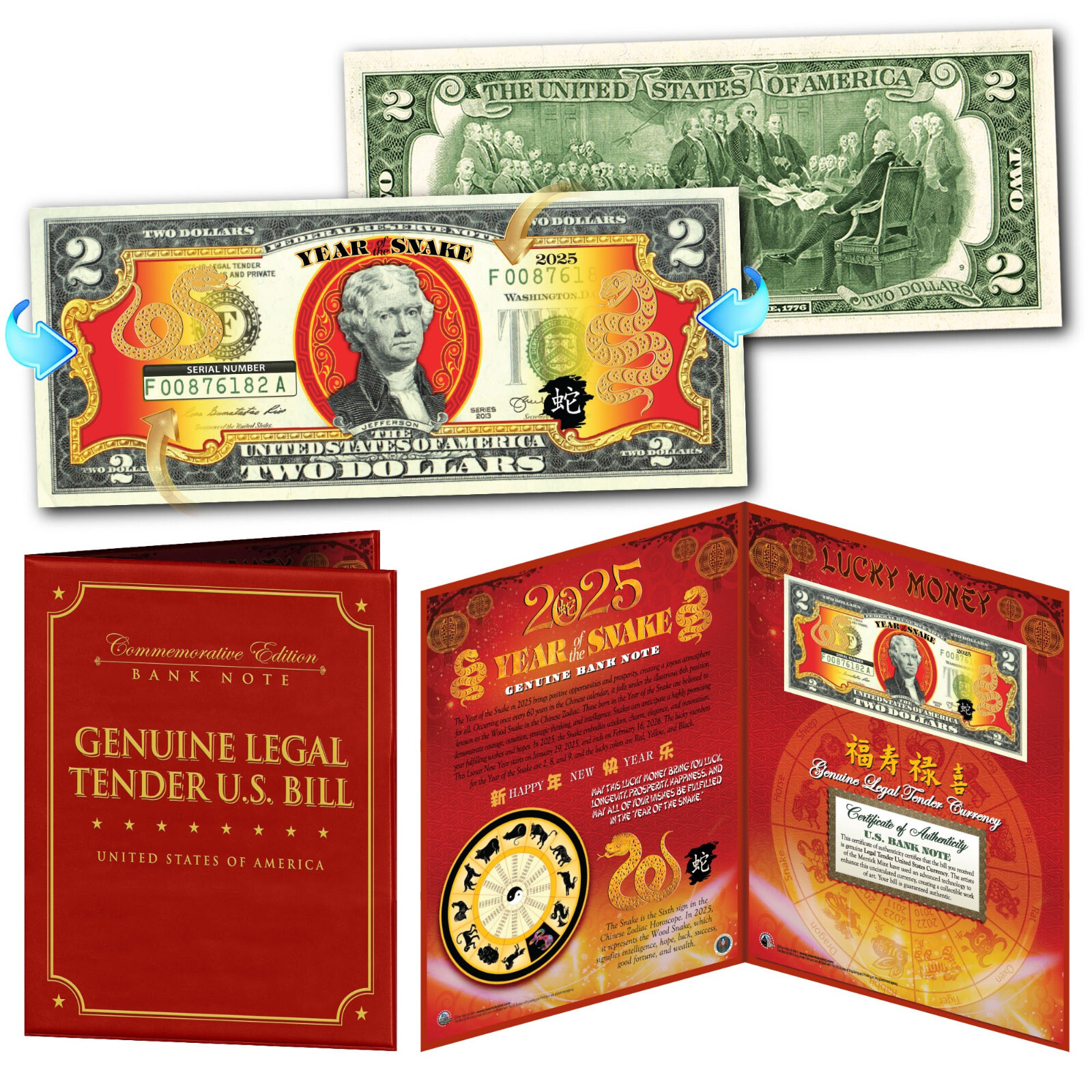 2025 CNY Chinese New YEAR OF THE SNAKE Gold Hologram $2 Bill 8×10 Large Display