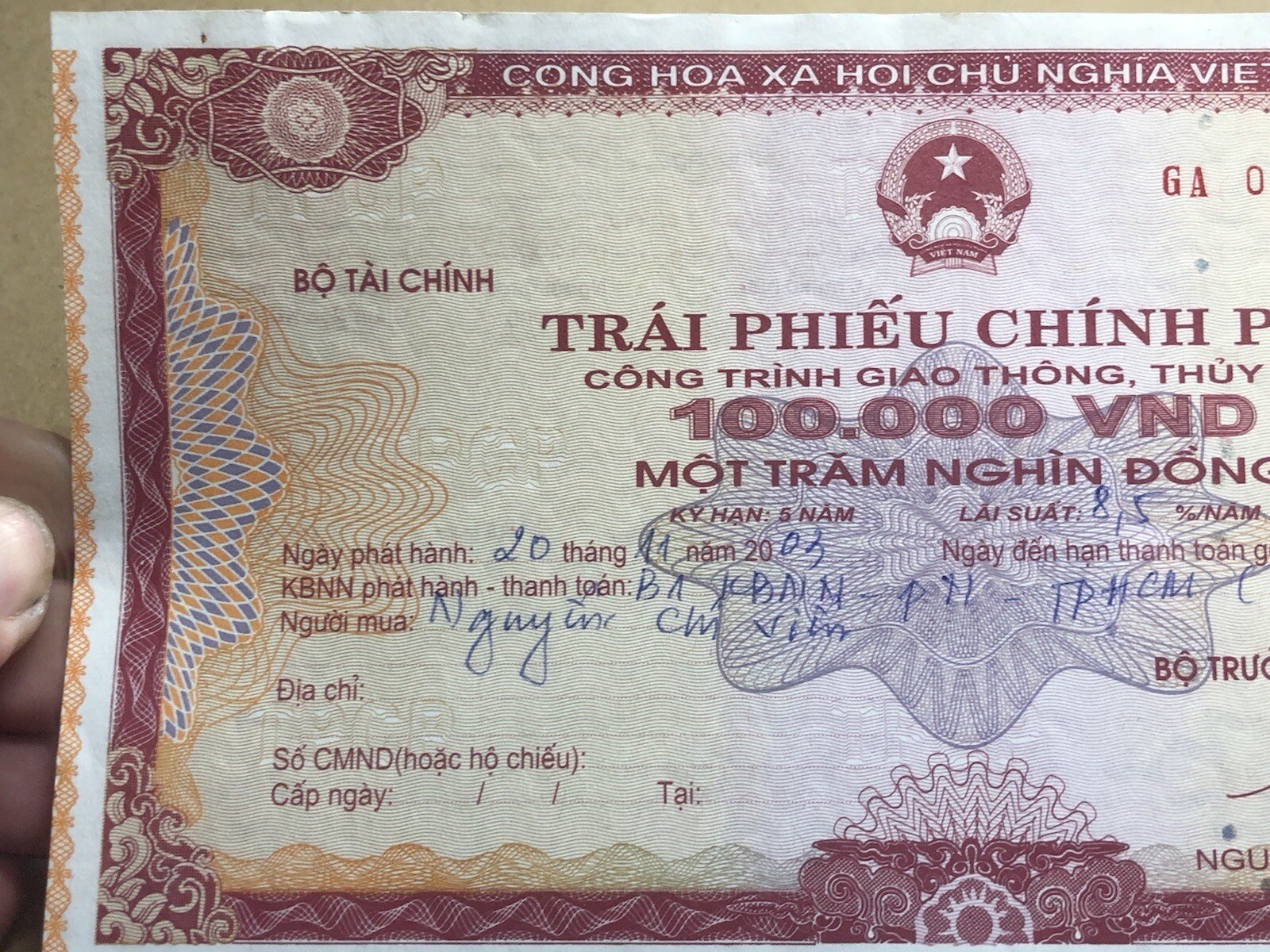100,000 Dong Payment Bond Cheque Unpaid 2003 Original Vintage Rare_LDP Shop.