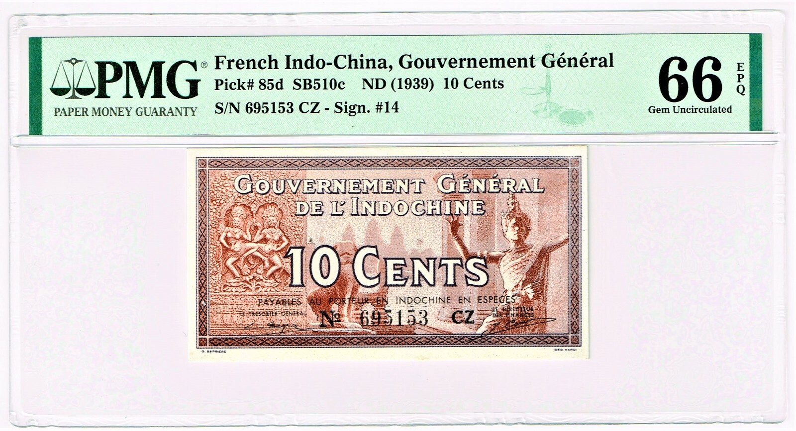 French Indochina: 10 Cents ND (1939) Pick 85d. PMG Gem Uncirculated 66 EPQ.