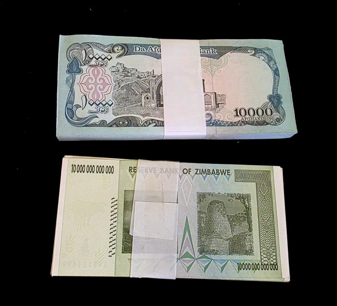 200 Banknotes 100 ea x Zimbabwe 10 Trillion dollars & Afghanistan 10000 Afghanis