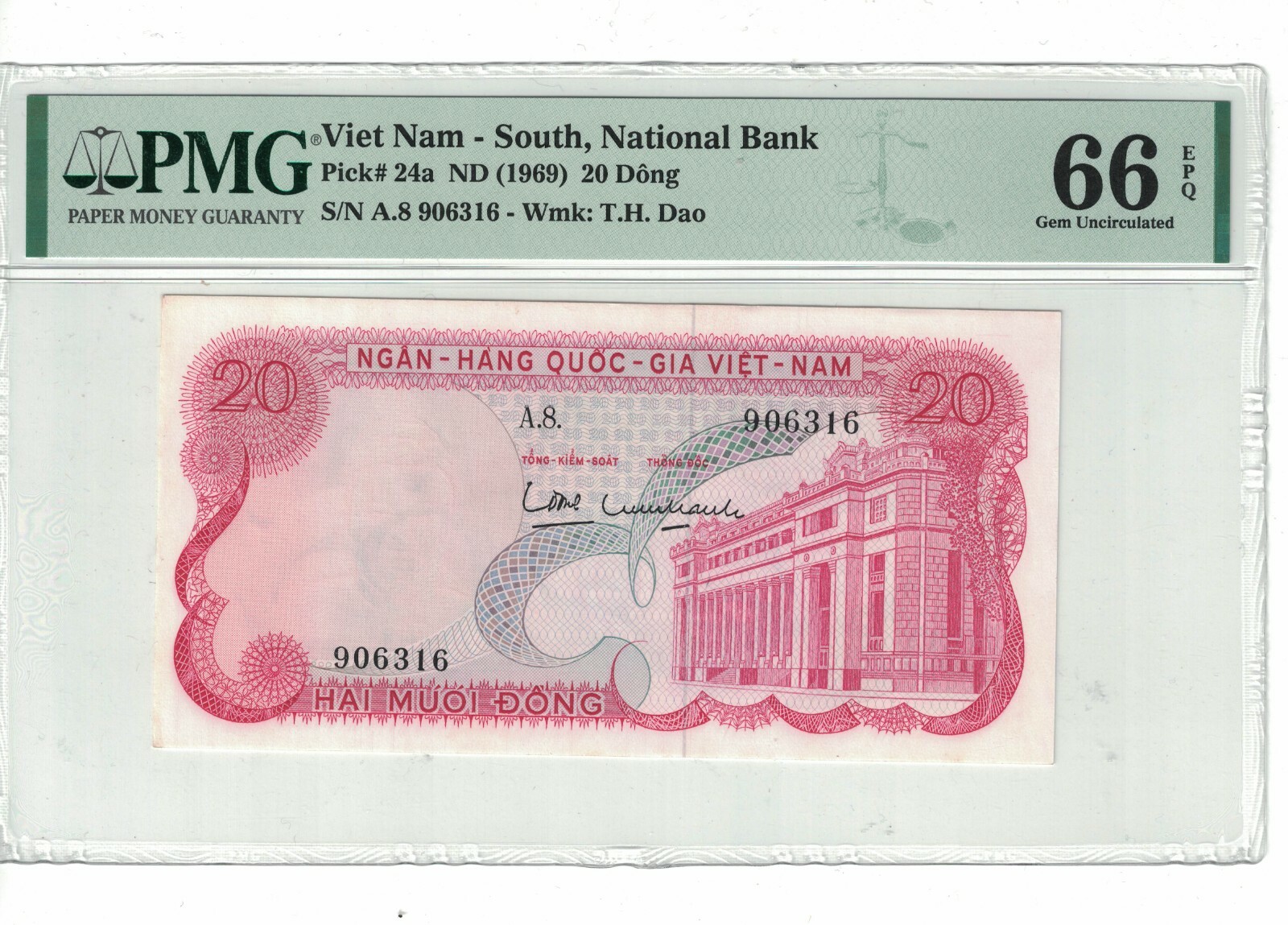 VietNam South 20 Dong 1969 PICK# 24a PMG: 66 EPQ UNC. #PL1340
