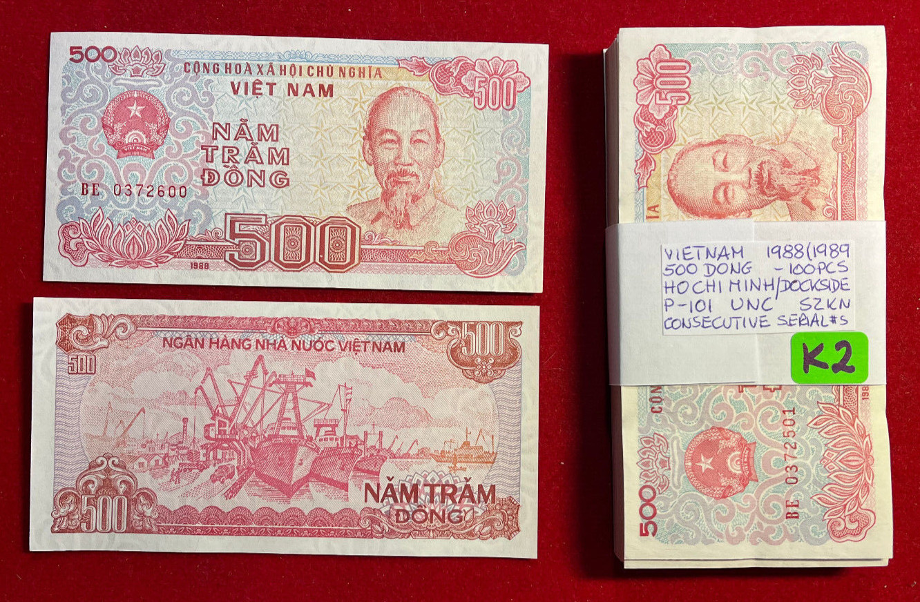 K2 Vietnam; Bundle of 100 Pcs – 500 Dong 1988 P#101 UNC Consecutive Numbers !!!