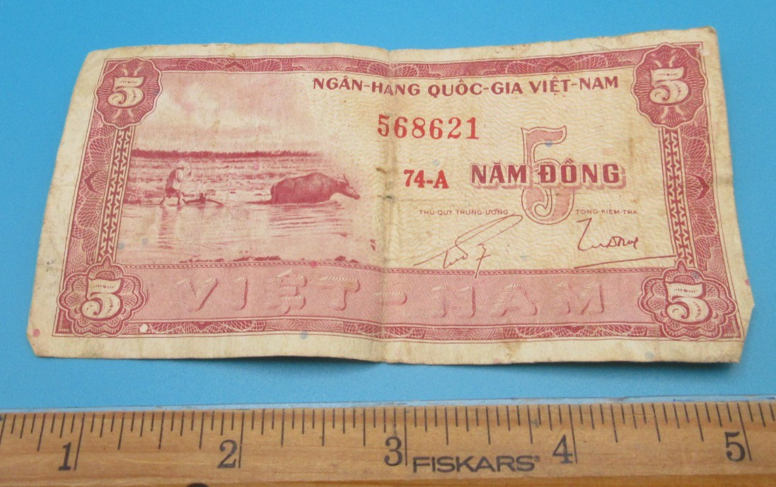 Original Vintage 1955 South Vietnam Viet Nam 5 Dong Banknote