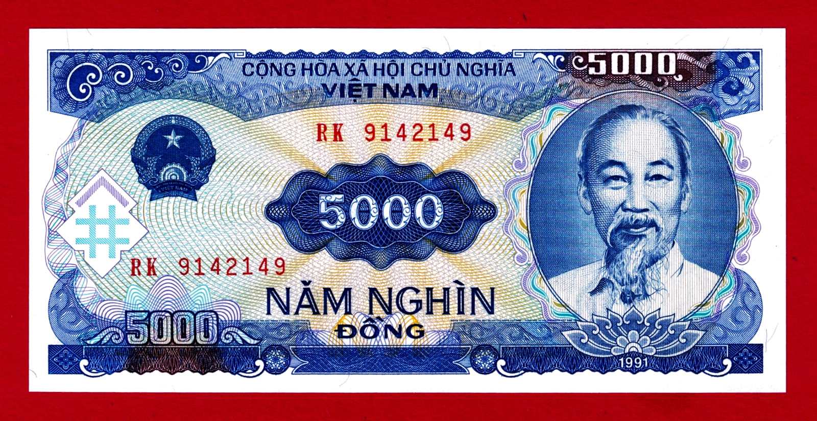 VIETNAM 5,000 5000 Dồng 1991 Hồ Chi Minh UNC Note Prefix with Serifs (Pick-108a)