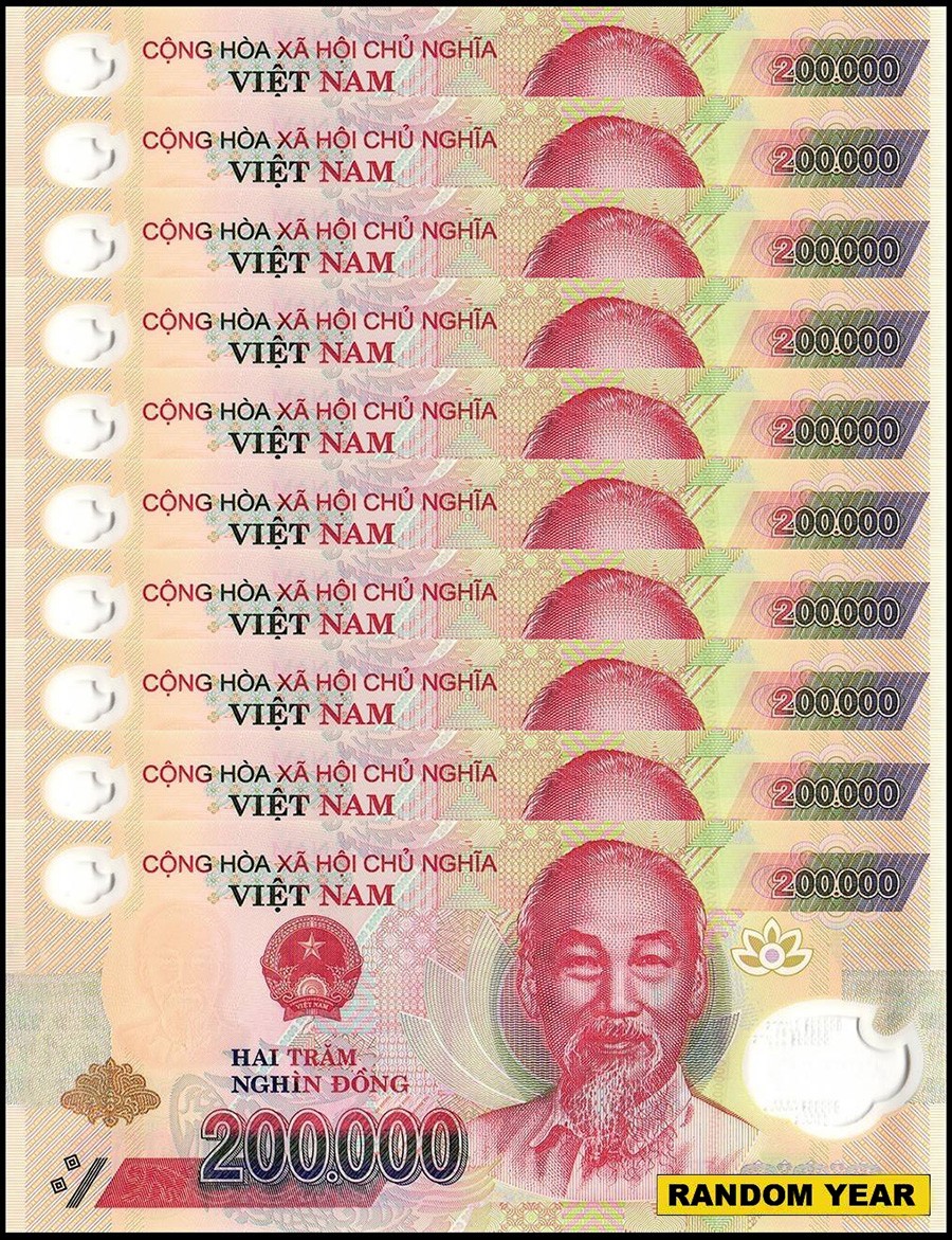 Vietnamese Currency 200000 Vietnam Dong, Random Year, UNC, Polymer X 10 PCS