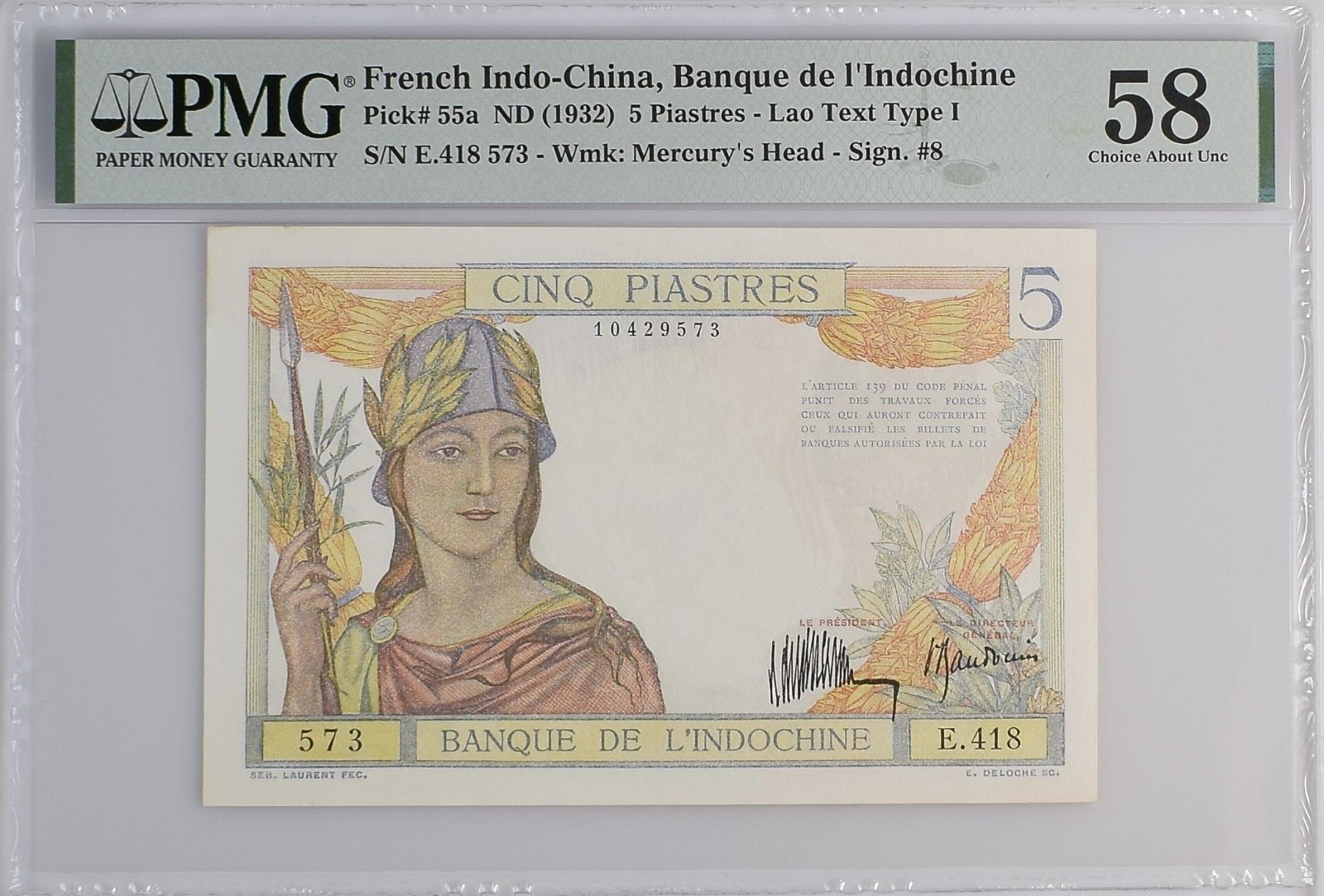 French Indo-China 5 Piastres ND (1932) Sign 8 Pick 55a Lao Text Type I PMG 58