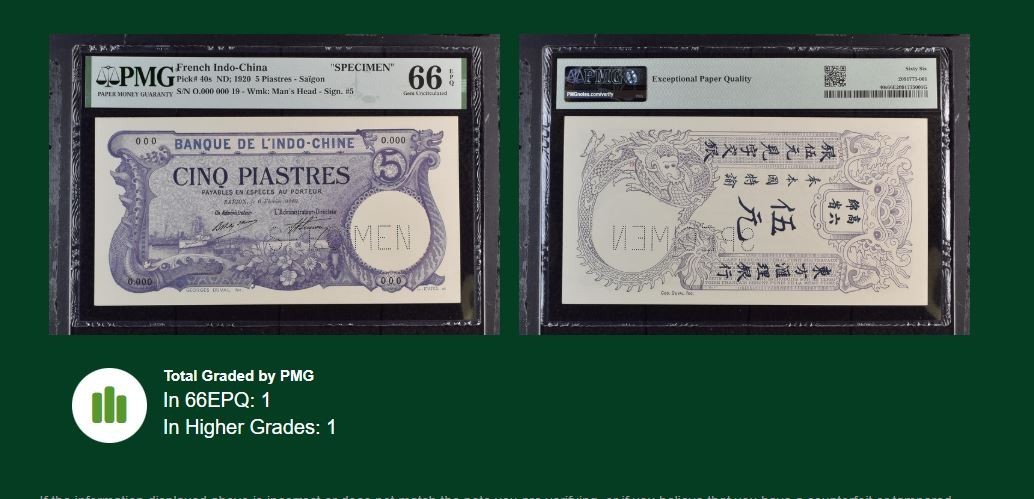 Indo-China “SPECIMEN” 5 Piastres ND 1920 Pick 40s W/O Watermark PMG 66 EPQ