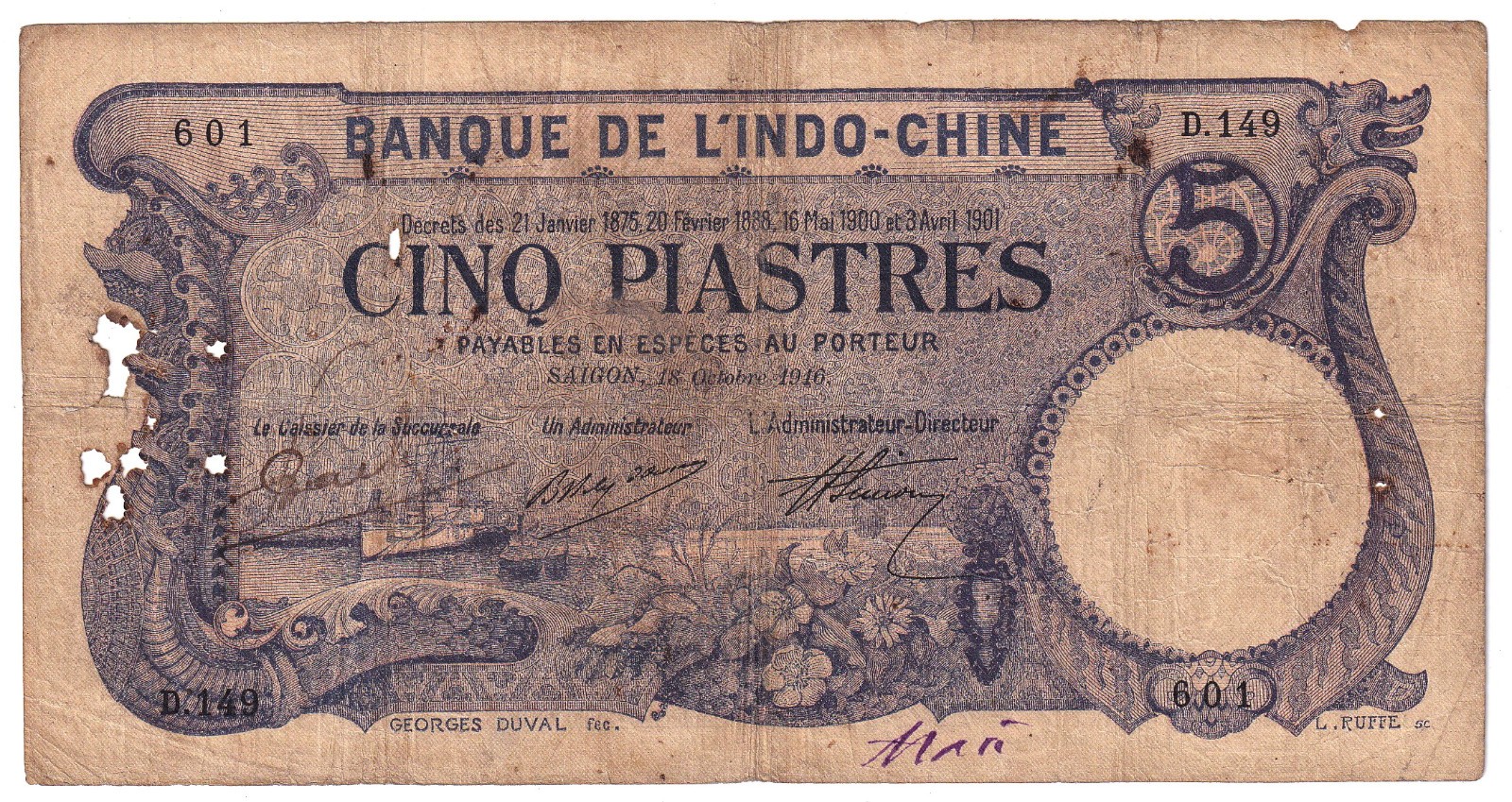 Indochina 1916 5 Piastres. Pick 37b. Hand Signed of Le Caissier de la Succursale