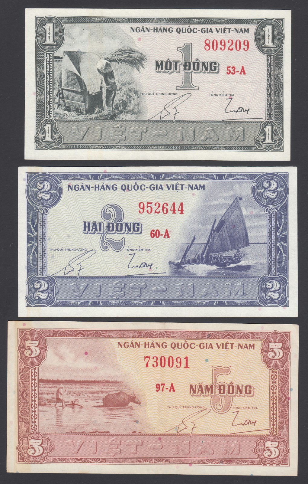 1955 South Vietnam Republic Complete Set of 3 Bank Notes AUNC, P#11-13.