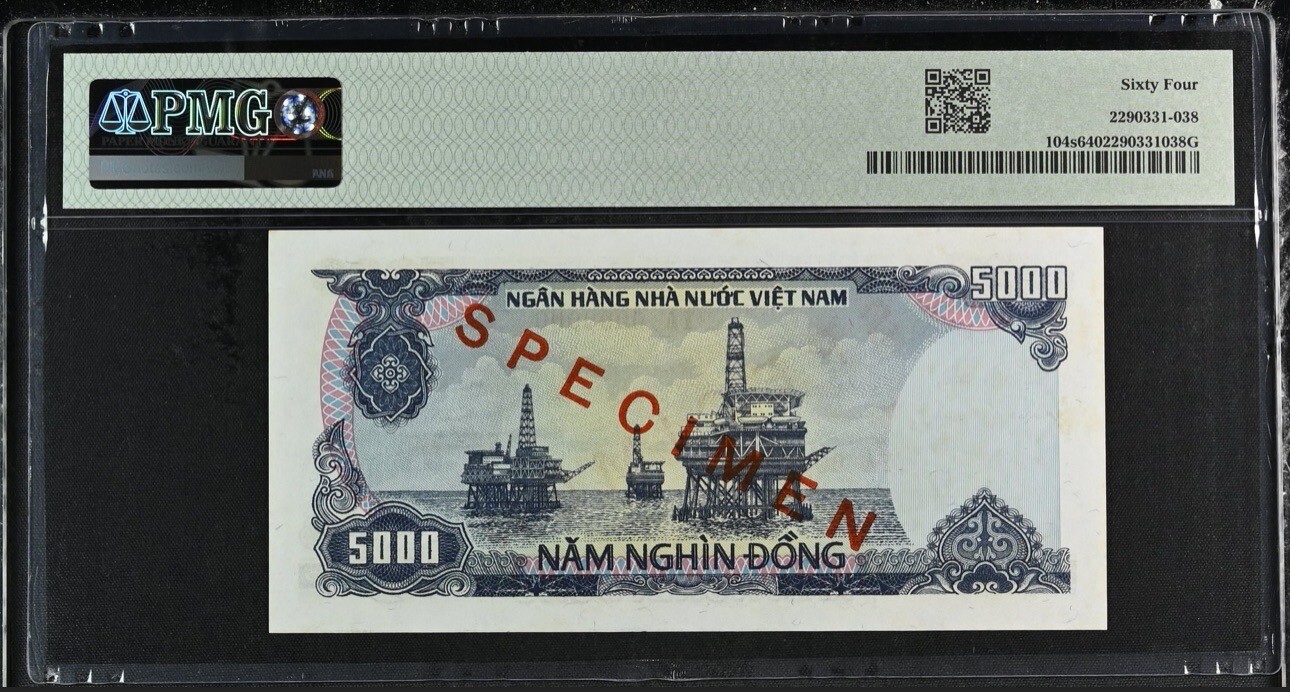 VIETNAM – SPECIMEN 5000 DONG 1987 PICK# 104s PMG: 64 UNC. #PL2408