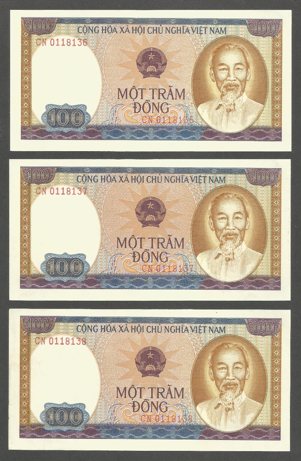 Vietnam 100 Dong 1980; AU+; P-88b; BNB-B316a; Lot of 3 consecutive serial number