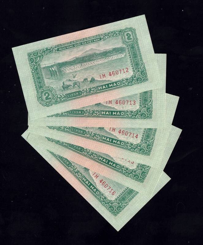Viet Nam Lot 5 2 Hao 1958 Consecutive Serial Number Pick 69a Gem Uncirculated