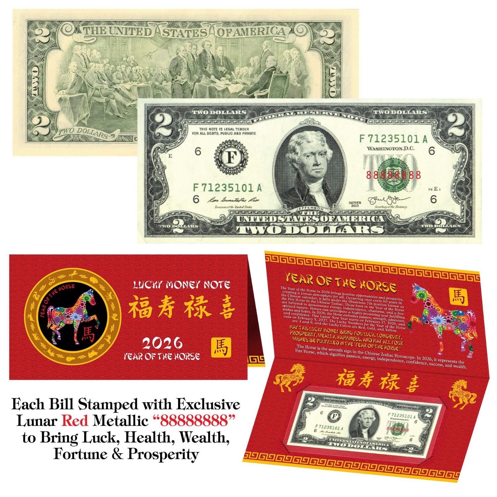 2026 Chinese New YEAR of the HORSE Lunar Red Lucky Eight 8’s $2 Bill w/Foldover
