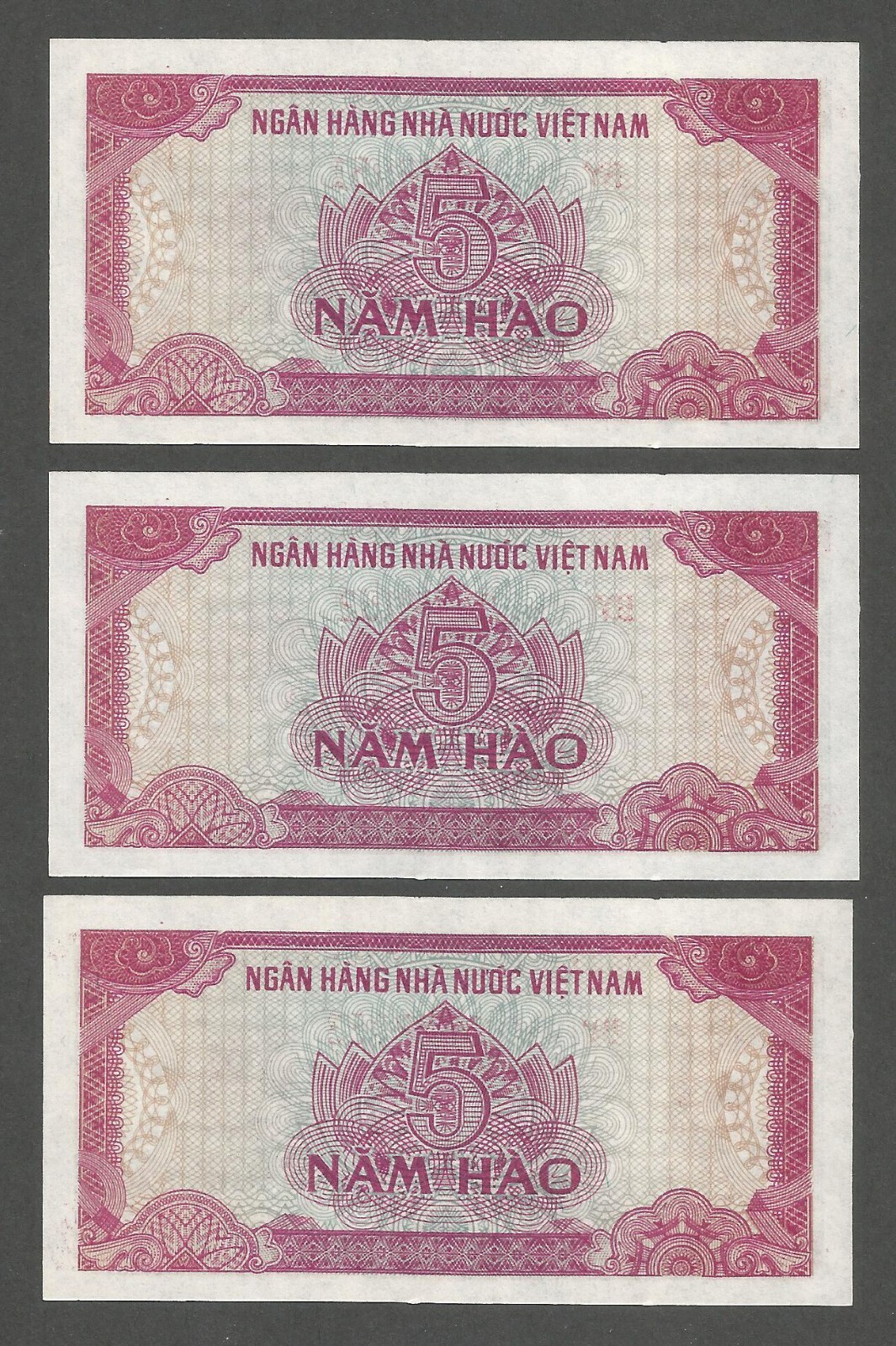 Vietnam 5 Hao 1985; UNC; P-89a; BNB-B317a; Lot of 3 consecutive serial numbers