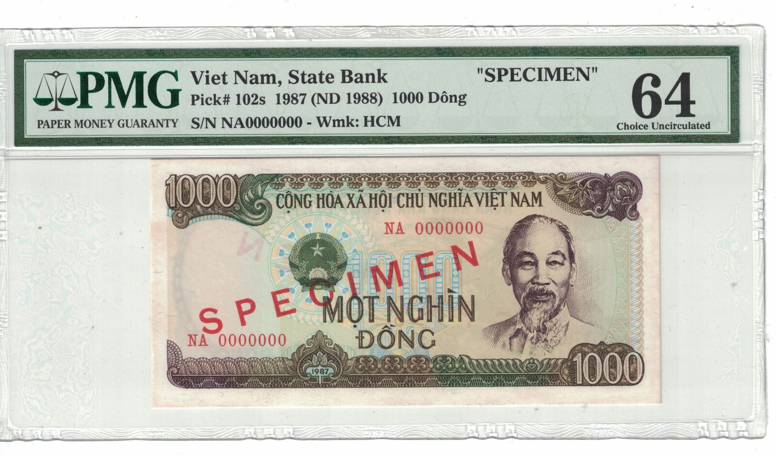 VIETNAM – SPECIMEN 1000 DONG 1987 PICK# 102s PMG: 64 UNC. #PL2000