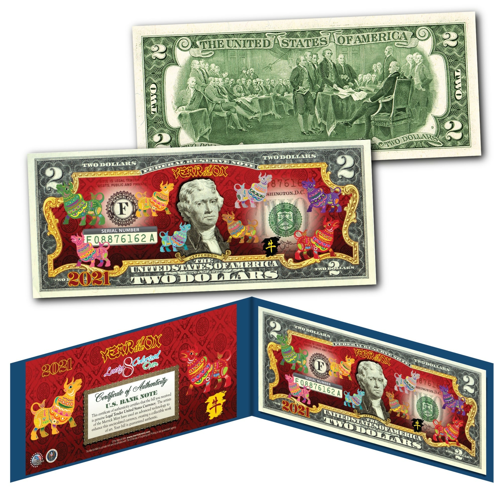 2021 CNY Lunar Chinese New YEAR OF THE OX Polychromatic 8 OXEN $2 U.S Bill BLUE