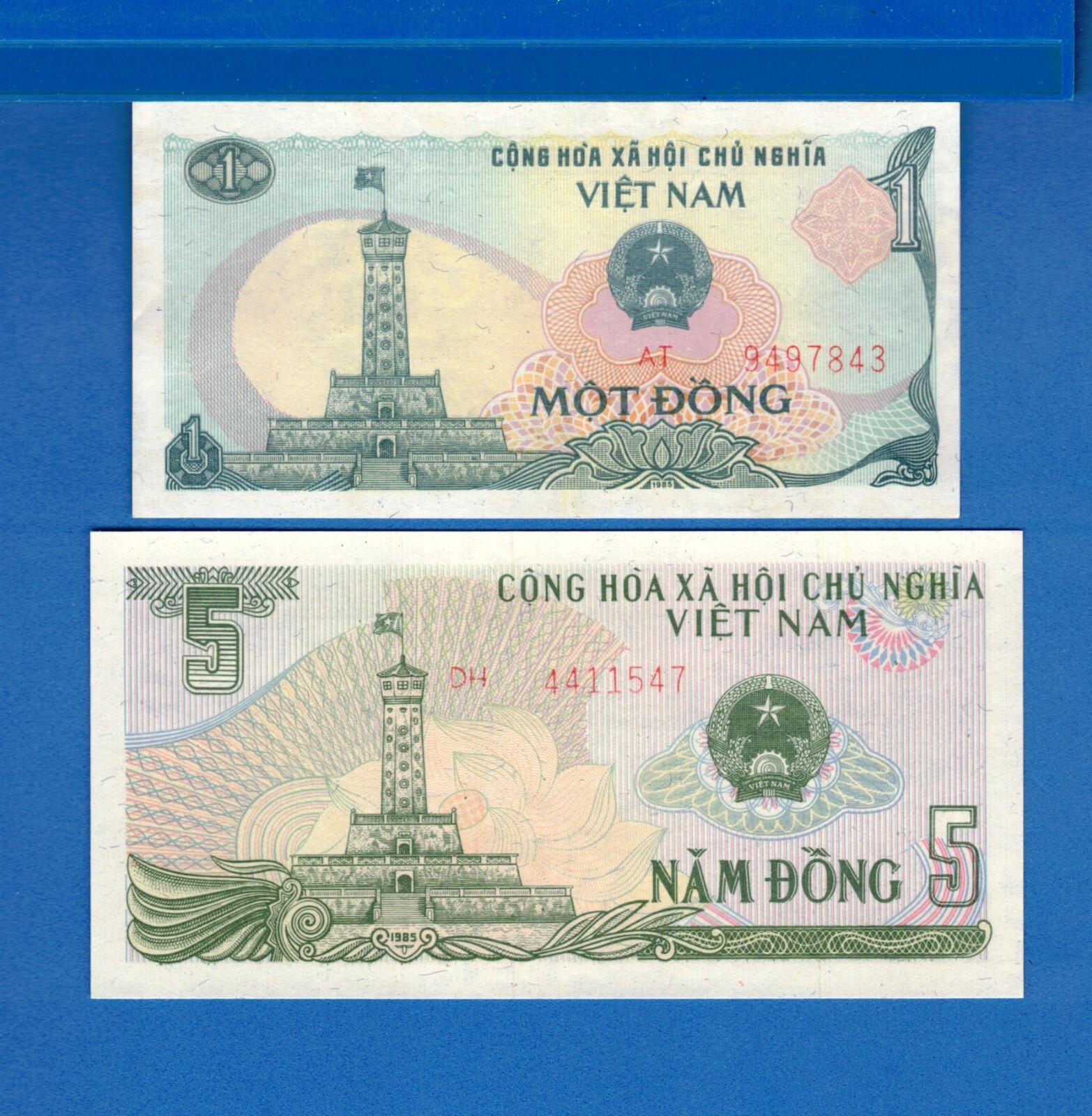 Viet Nam P-90 & P-92 1 & 5 Dong 1985 Banknotes Set # 1