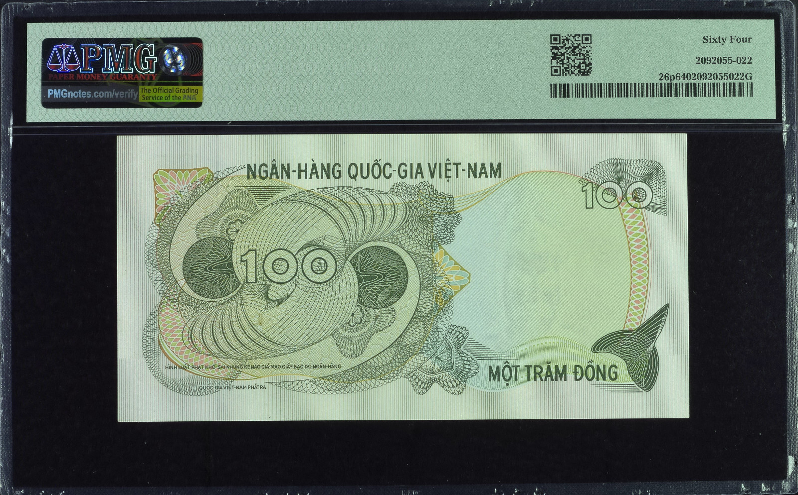 Viet Nam South, National Bank PROOF 100 Dông ND (1970) Pick 26p PMG 64 Top Pop