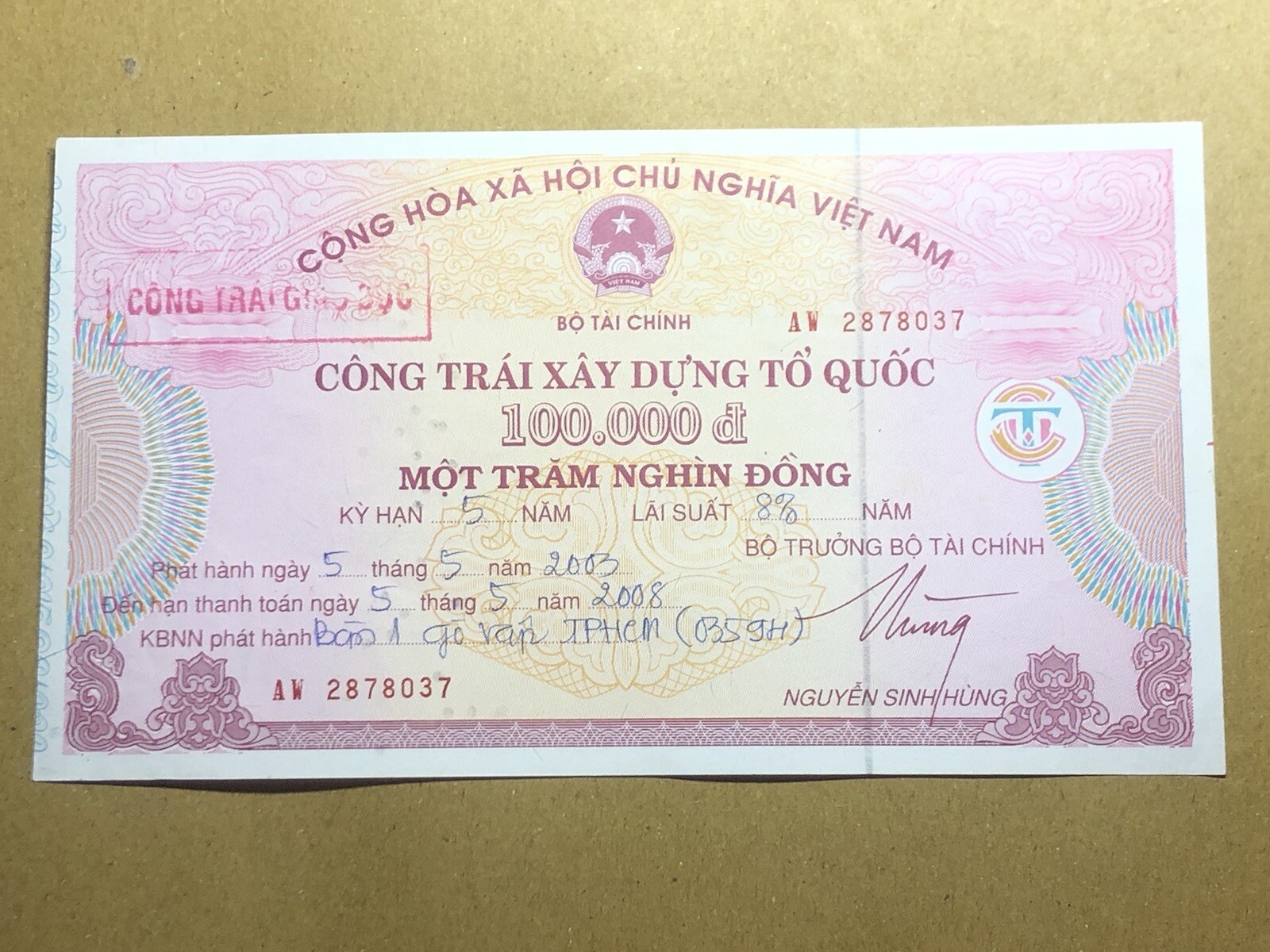 UNC 100,000 Dong Payment Bond Cheque Unpaid 2003 Original Vintage Rare_LDP Shop.