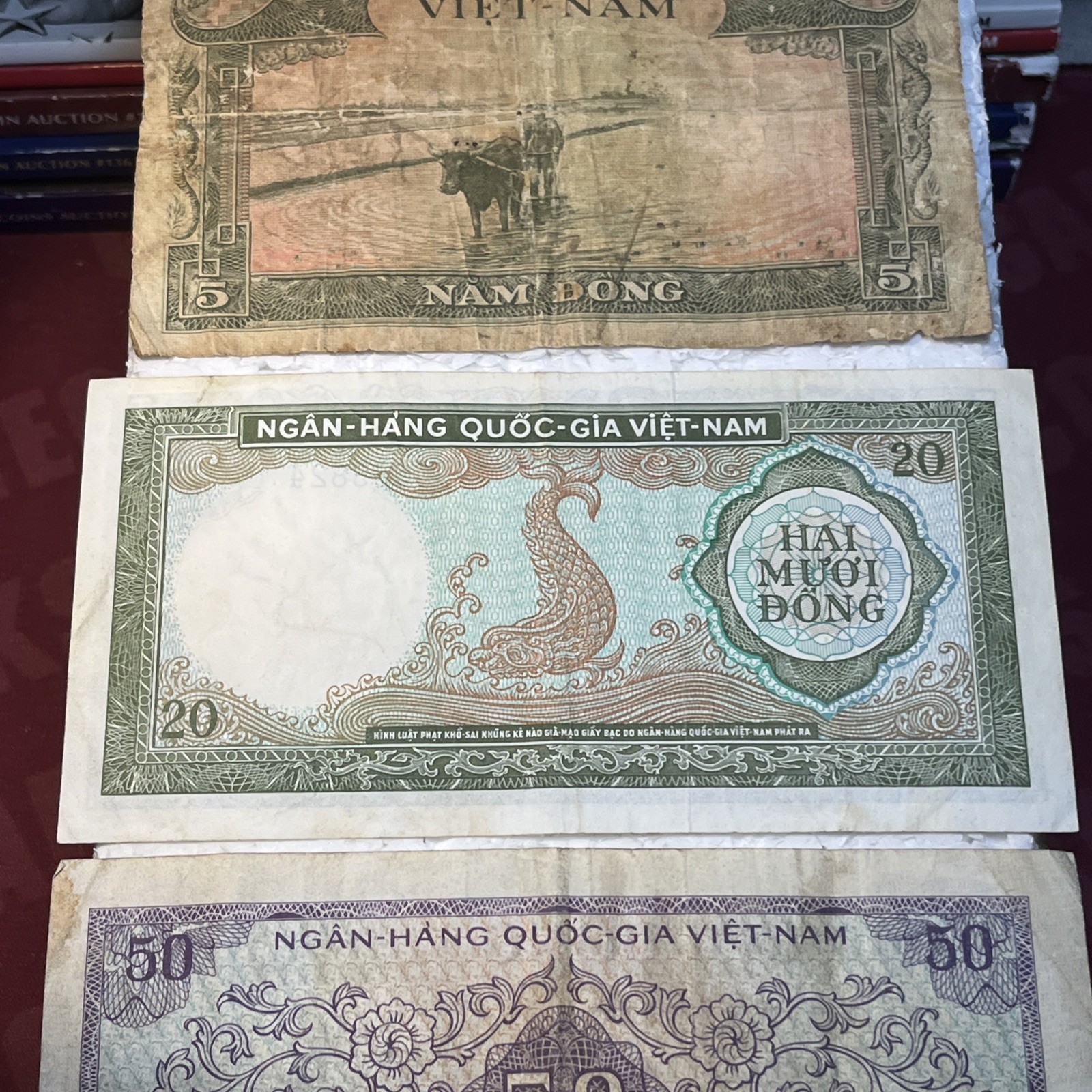 1956 – 1966 Vietnam 5, 20 & 50 Dong Circulated Paper Banknotes Lot Of 3