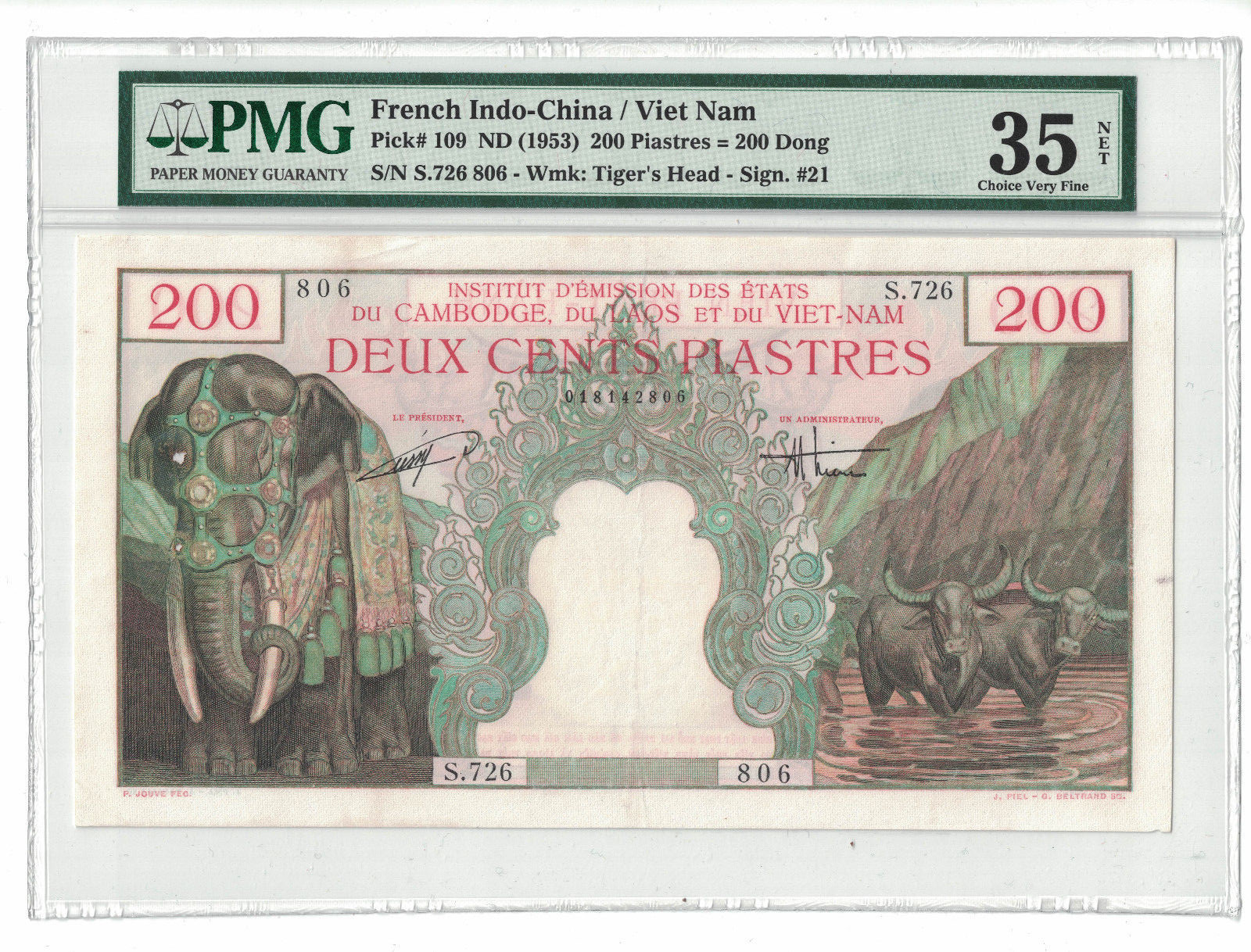 FRENCH INDOCHINA 200 PIASTRES 1953 Pick# 109 PMG-35 NET CHOICE VERY FINE (#841)