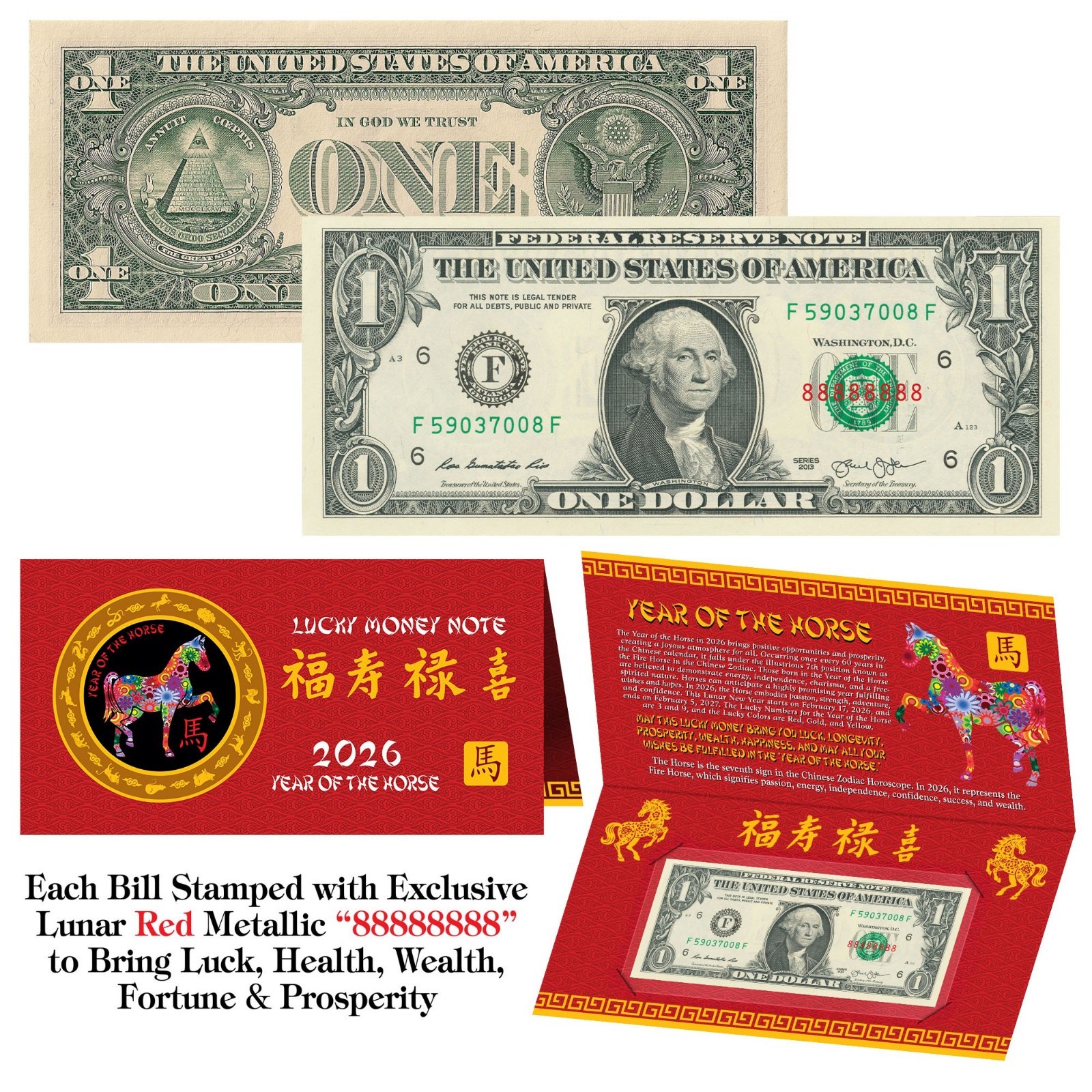 2026 Chinese New YEAR of the HORSE Lunar Red Lucky Eight 8’s $1 Bill w/Foldover