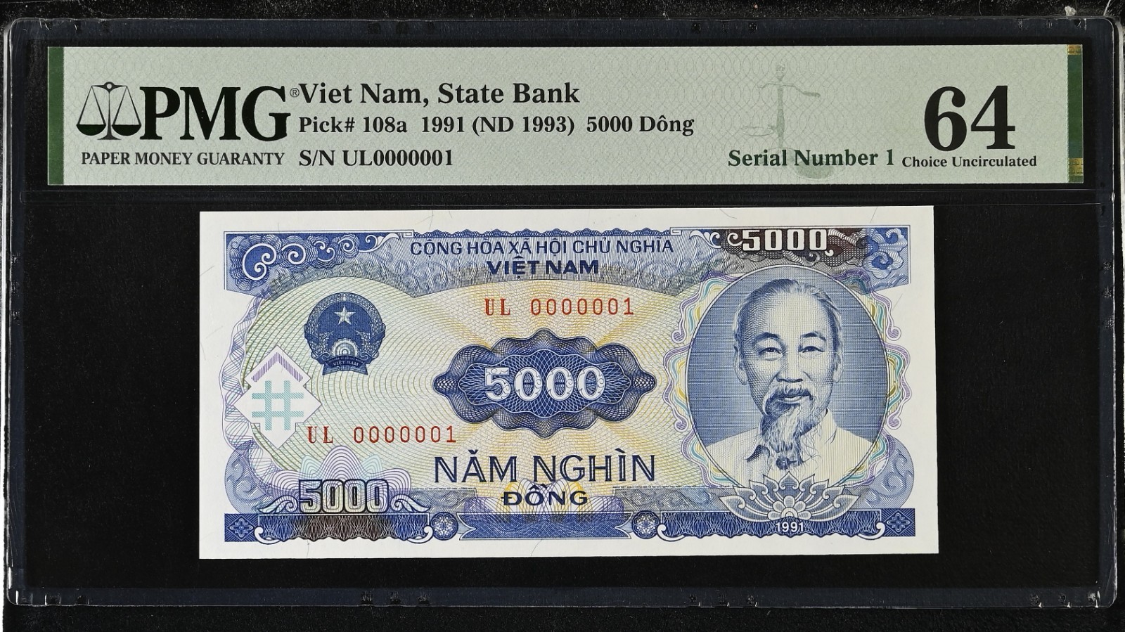 Vietnam 5000 dong 1991 pick #108a – serial Number 1 – PMG 64