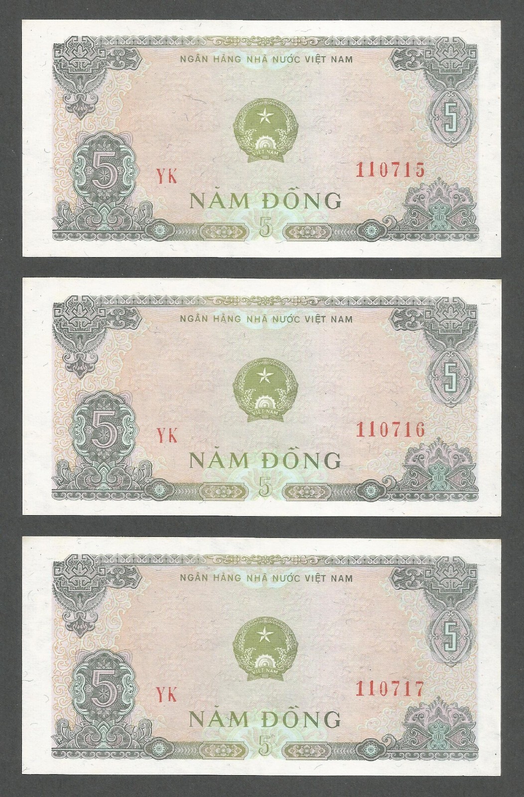 Vietnam 5 Dong 1976; UNC; P-81a; BNB-B309a; Lot of 3 consecutive serial numbers