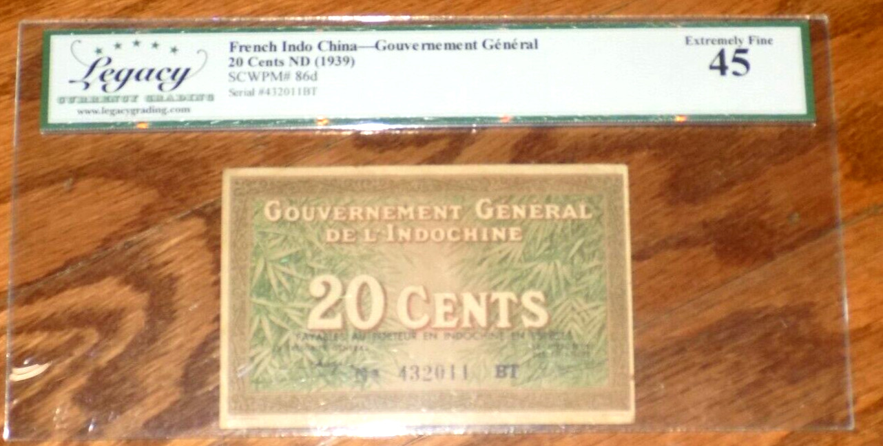 French Indochina P-86d 20 Cents 1939 Legacy Currency 45 Extremely Fine Banknote