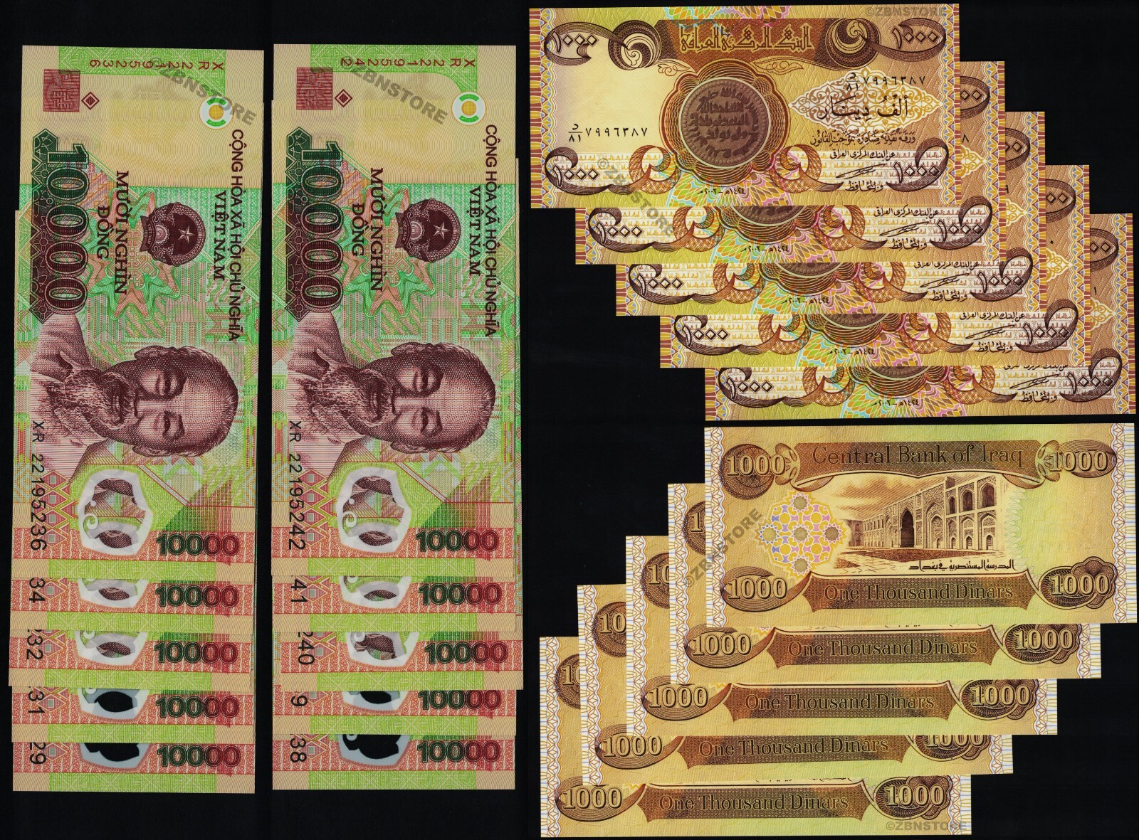 10 x 10,000 Vietnam Dong Banknotes New + 10 x 1000 Dinars Iraq 2018 Uncirculated
