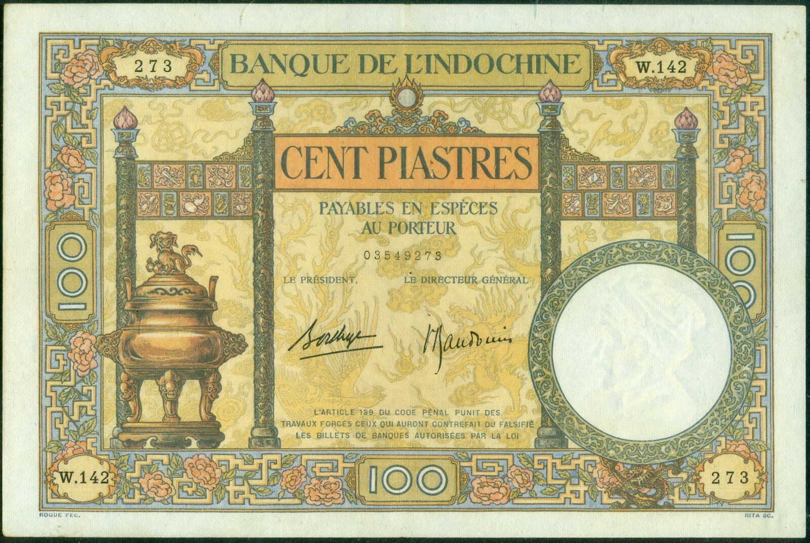 French Indochina 100 Piastres ND (1936-39) Pick 51d. PMG 50