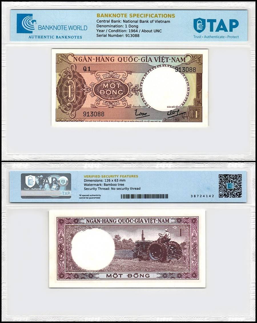 South Vietnam 1 Dong, 1964 ND, P-15, AU-About Uncirculated, TAP Authenticated