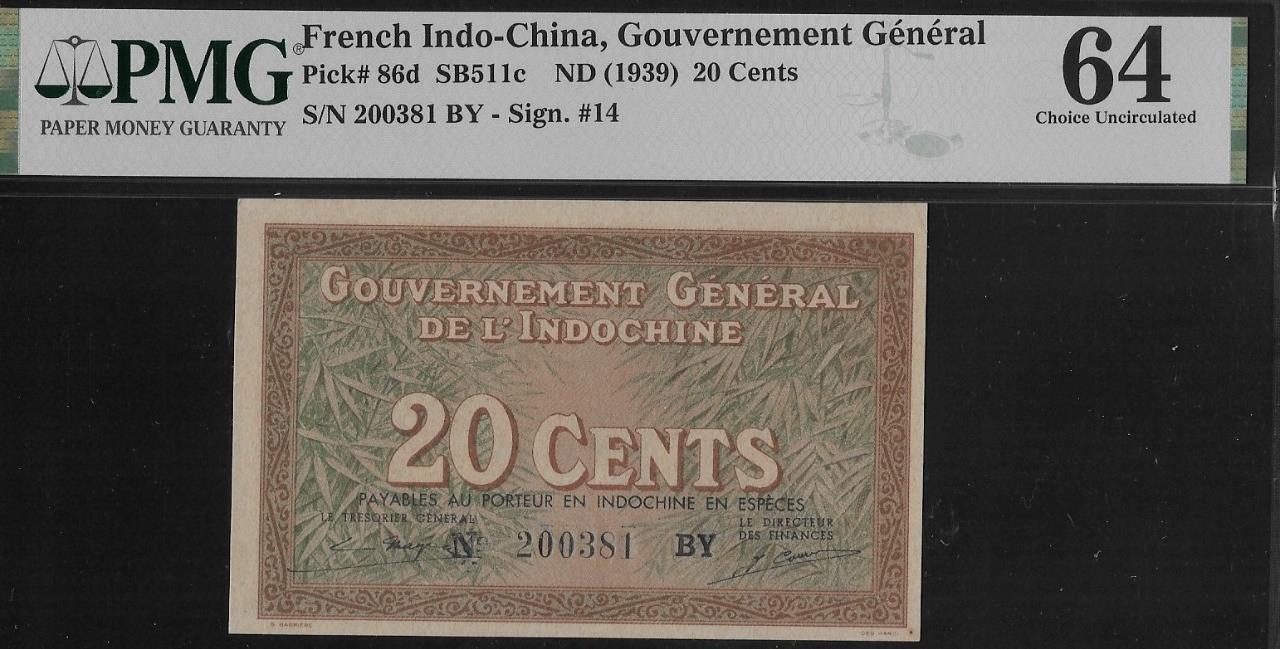 French Indochina P-86d 20 Cents 1939 PMG 64