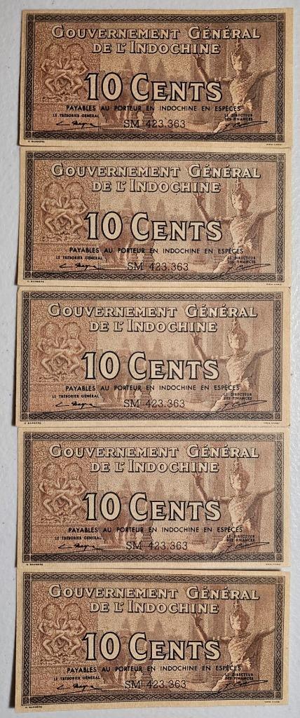 Indochina 10 Cents 1939 Unc Lot of 5 Identical Serial #SM 423.363