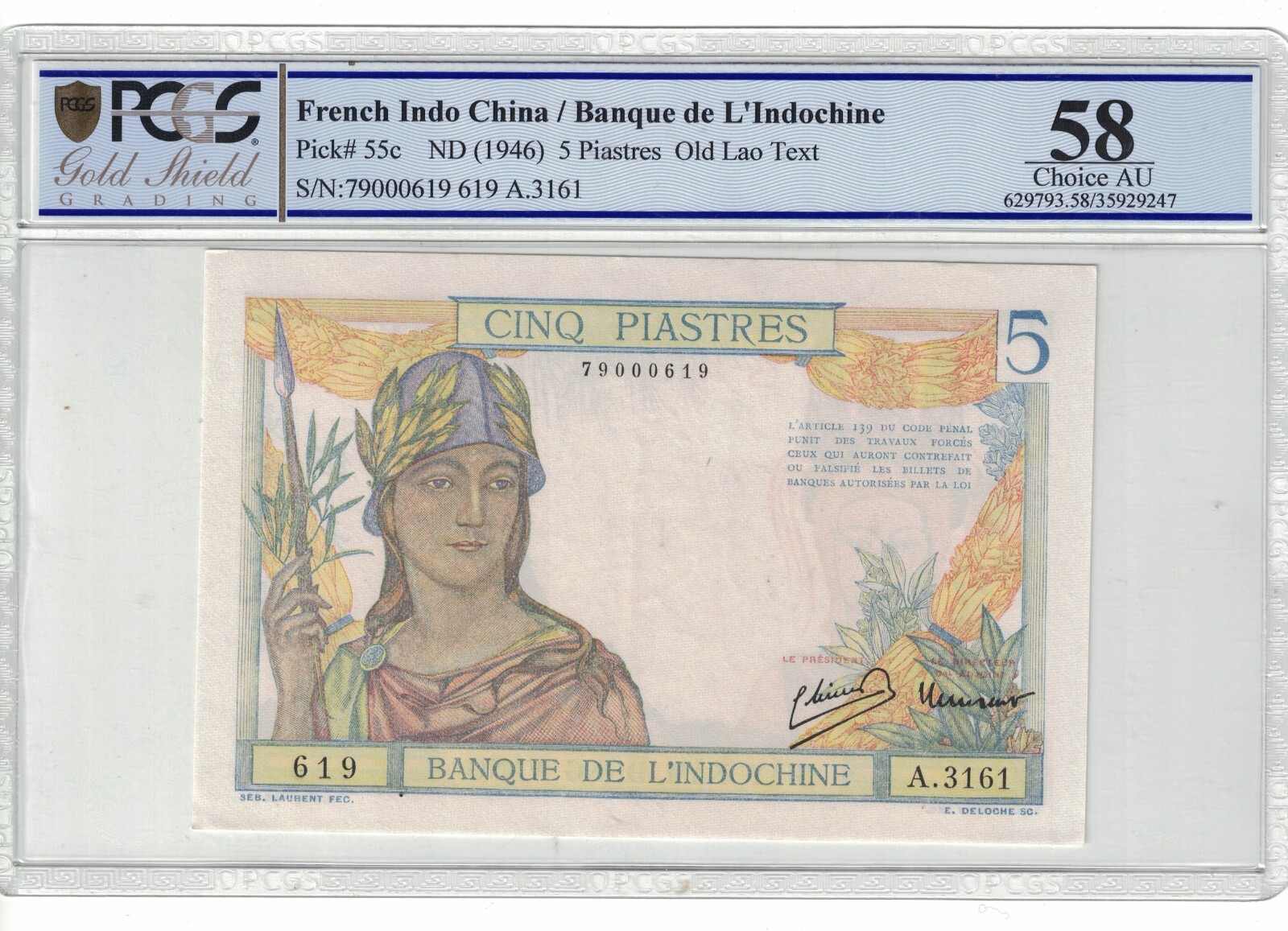 French Indochina 5 Piastres 1946 Pick# 55c PCGS: 58 Choice AUNC. #PL2009
