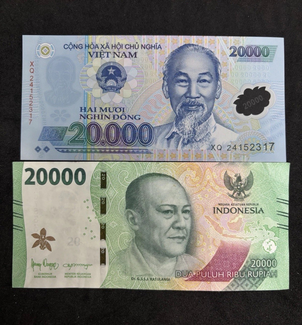 20,000 Vietnam Dong POLYMER Banknote + 20,000 Indonesia Rupiah Banknote