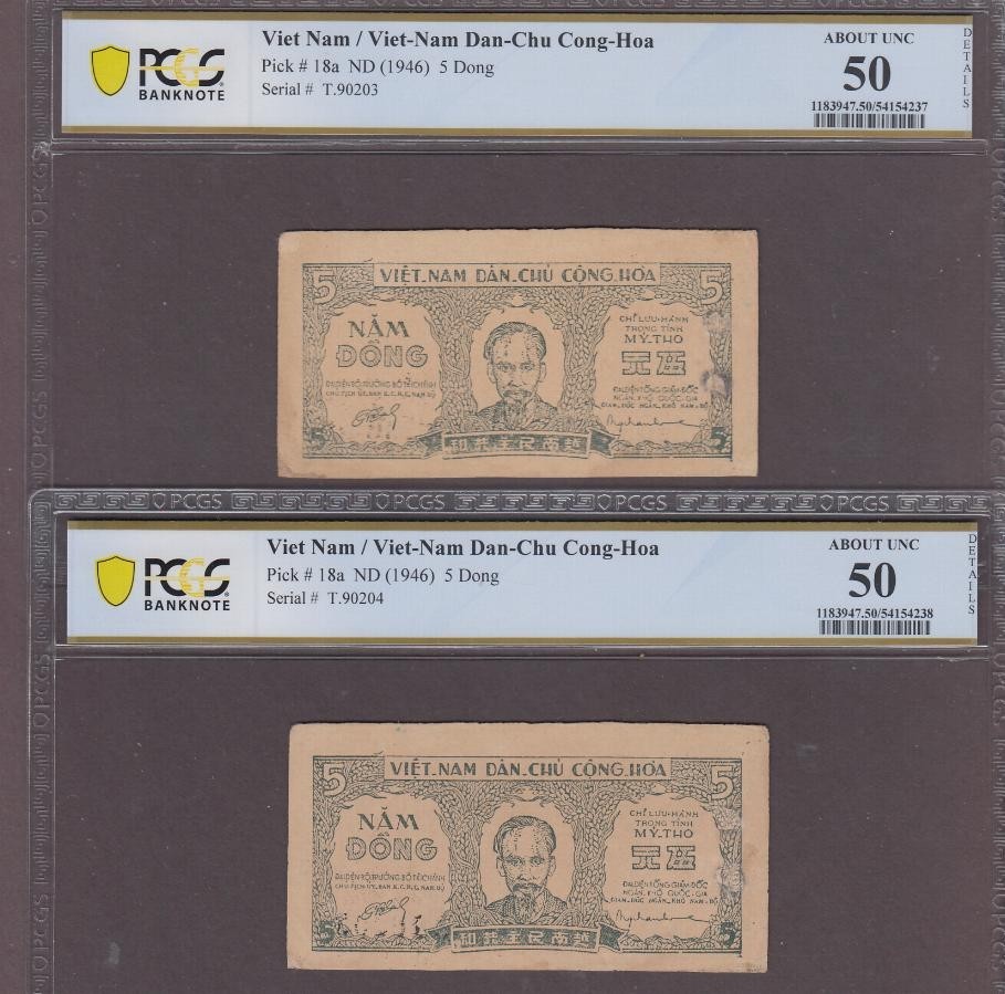 Vietnam North 5 Dong Banknotes P-18a ND (1946) PCGS 50 Lot Of 2 Consec.
