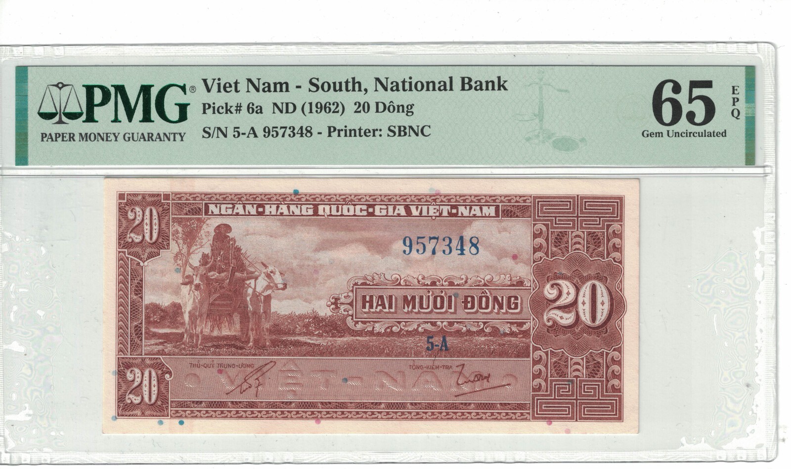 Vietnam South 20 Dong 1962 PICK# 6a PMG: 65 EPQ GEM UNC. #PL2184