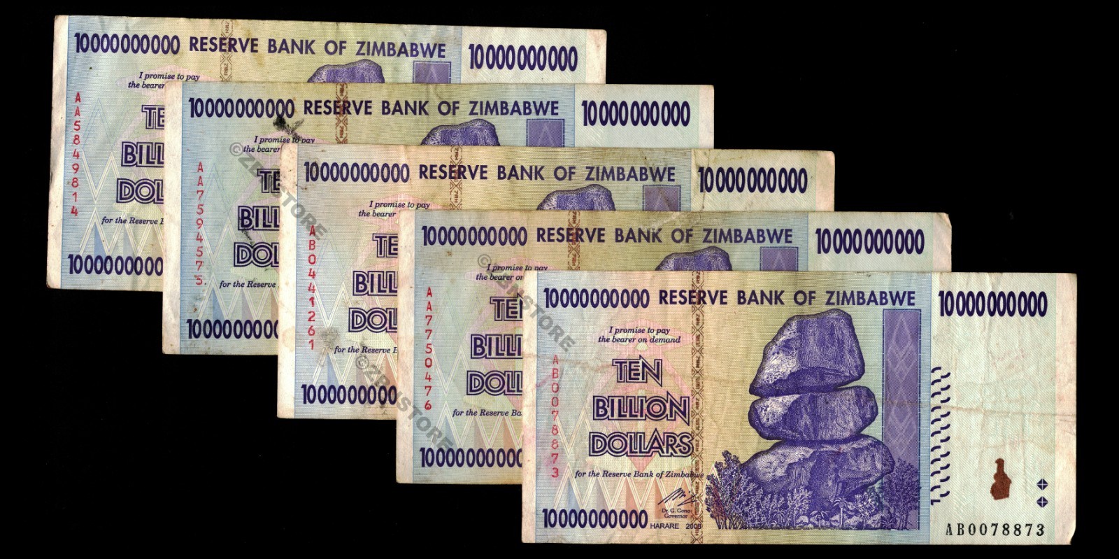 5 x 10 Billion Dollars Zimbabwe + 5 x 10,000 Vietnam Dong VND Banknotes + COA
