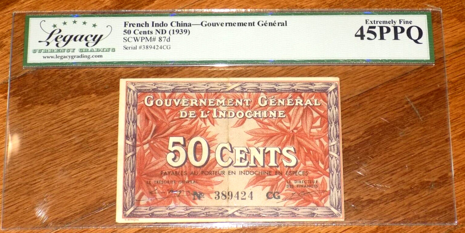 LEGACY 45 PPQ 1939 FRENCH INDO-CHINA 50 Cents French Vietnam Colonial Banknote
