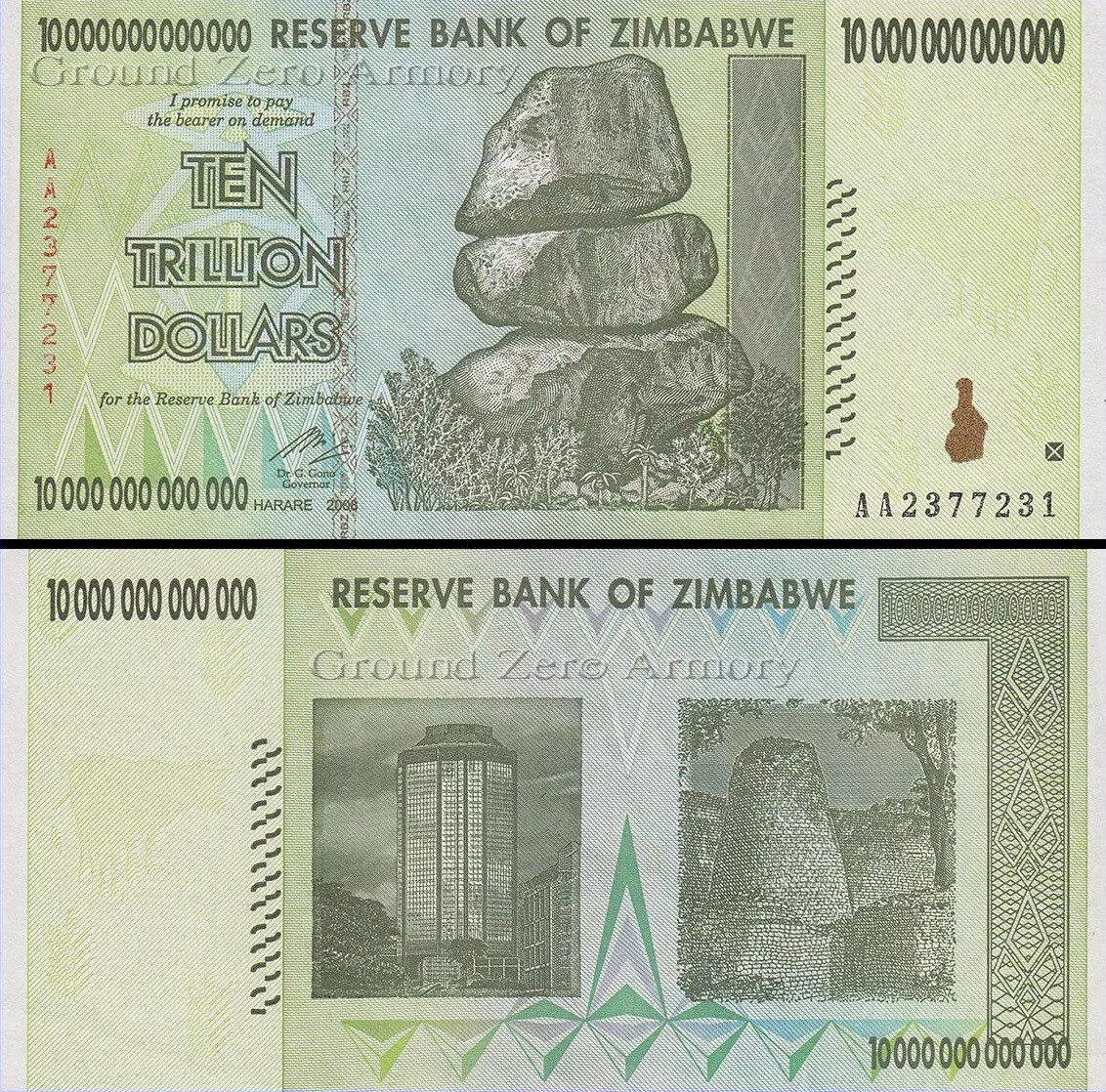 10 Trillion Zimbabwe Dollars UNC AA 2008 ZWD 100% Genuine P88 UNCirculated COA