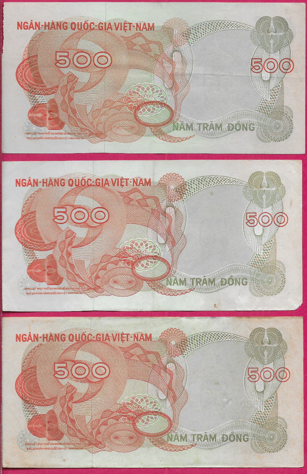VIETNAM SOUTH 500 DONG 1970 XF 3 NOTES D3-N10-V8,ISSUING REGIME:SECOND REPUBLIC