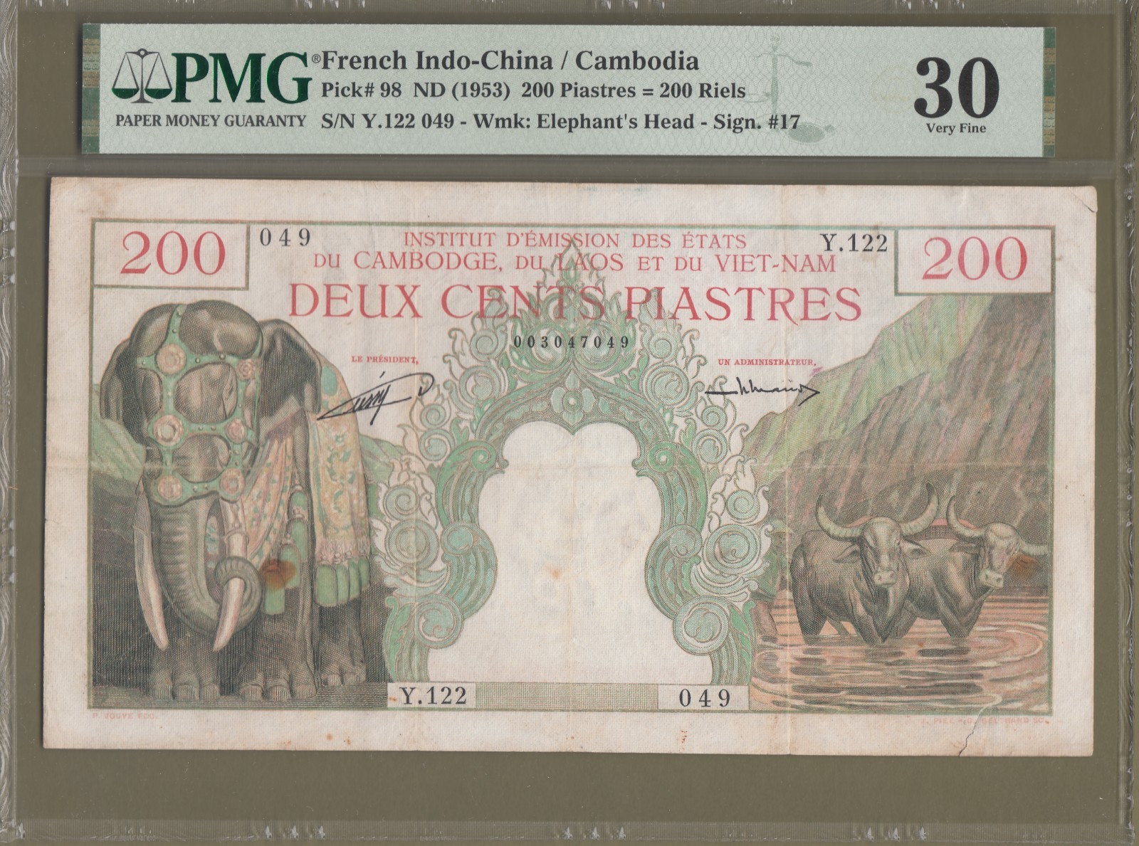French Indochina/Vietnam 1953 PMG Certified 200 Piastres Banknotes P# 98 VF.