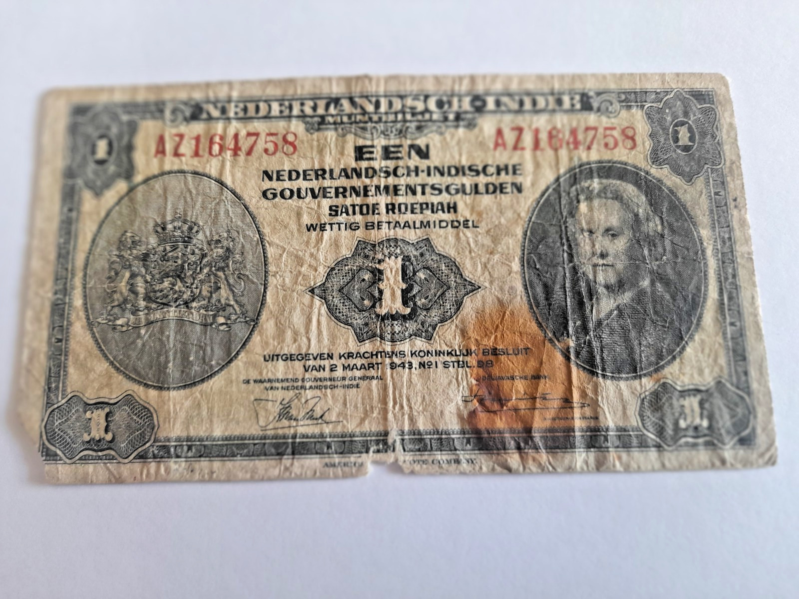 Rare 1943 Dutch Indies – Nederlandsch-Indische Gouvernmentsgulden banknote