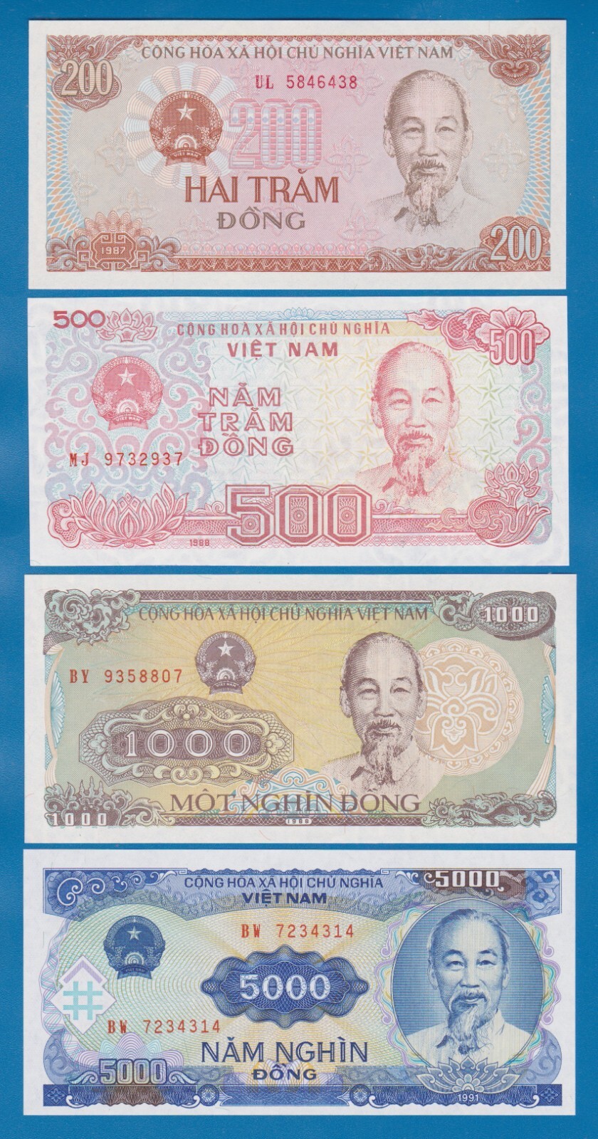 4 Notes! Vietnam 200, 500, 1000, 5000 Dong 1987, 1988, 1991 All UNC, Ho Chi Minh