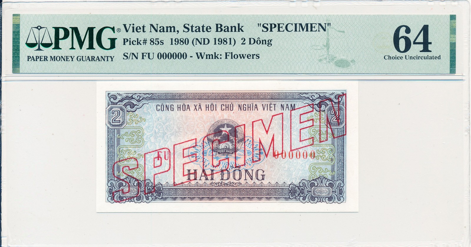 State Bank Viet Nam 2 Dong 1980 Specimen PMG 64