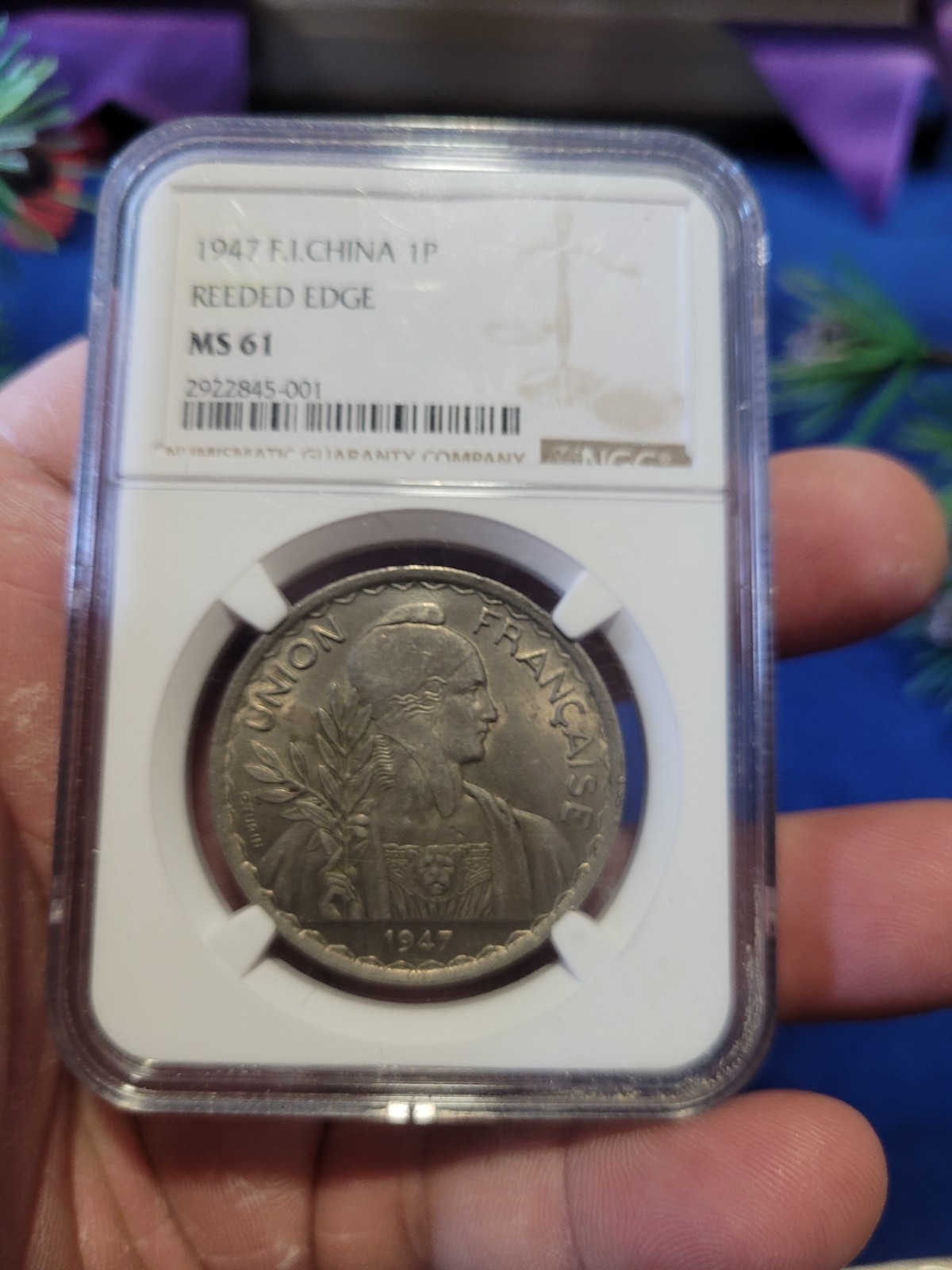 French Indochina 1947 1 Piastre Reeded Edge-NGC-MS61